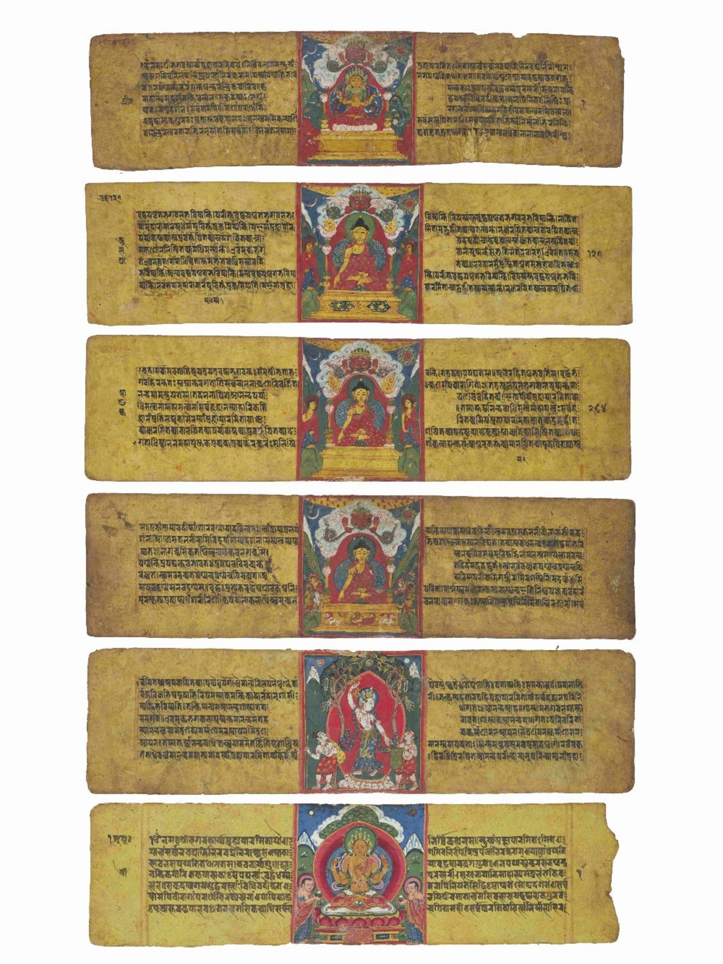 SIX FEUILLES DE SUTRA ILLUSTR&#201;ES REPR&#201;SENTANT PRAJNAPARAMITA, SHAKYAMUNI, ET CHINTAMAN...