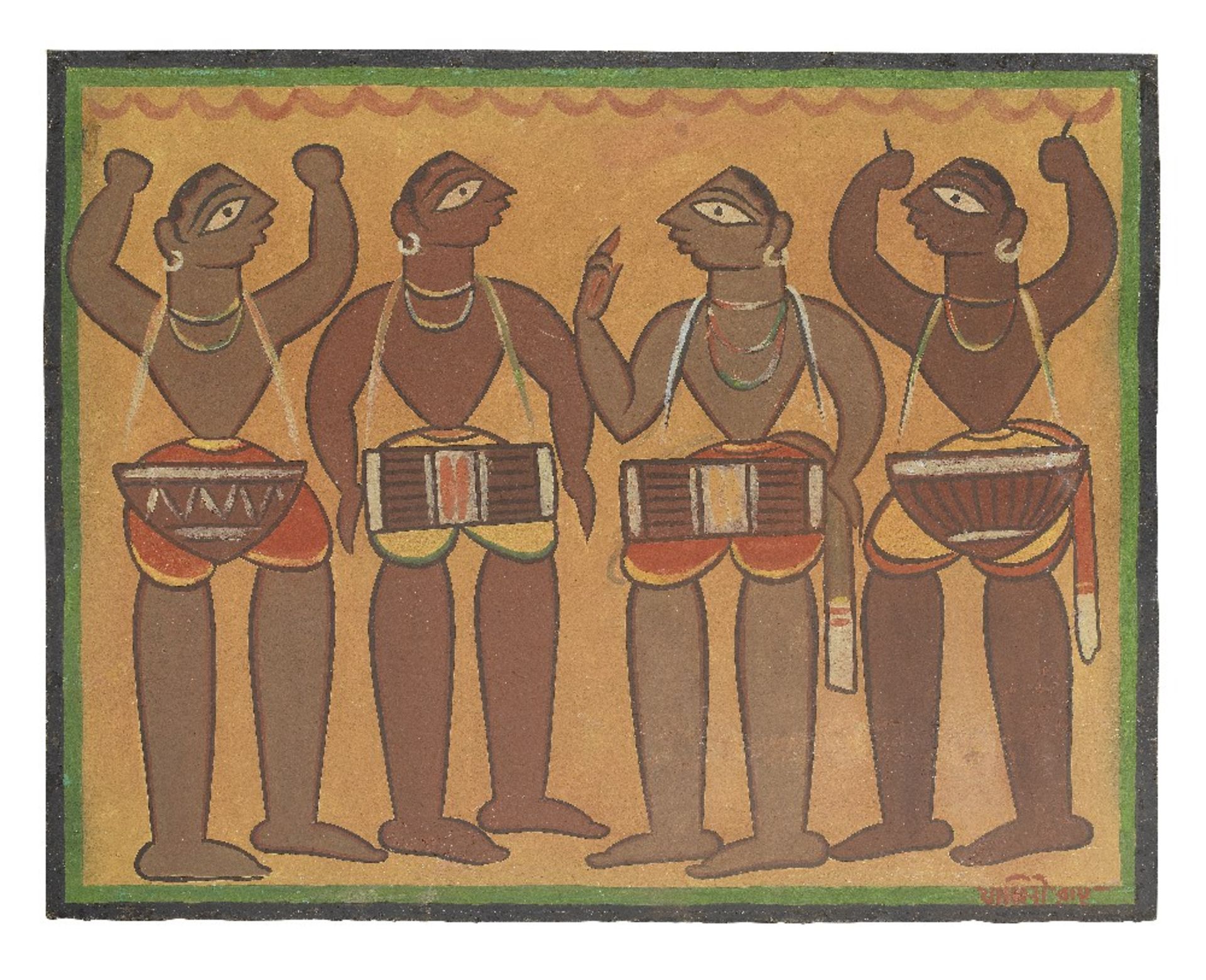 Jamini Roy (Indian, 1887-1972) Untitled (Four Santhal Drummers)