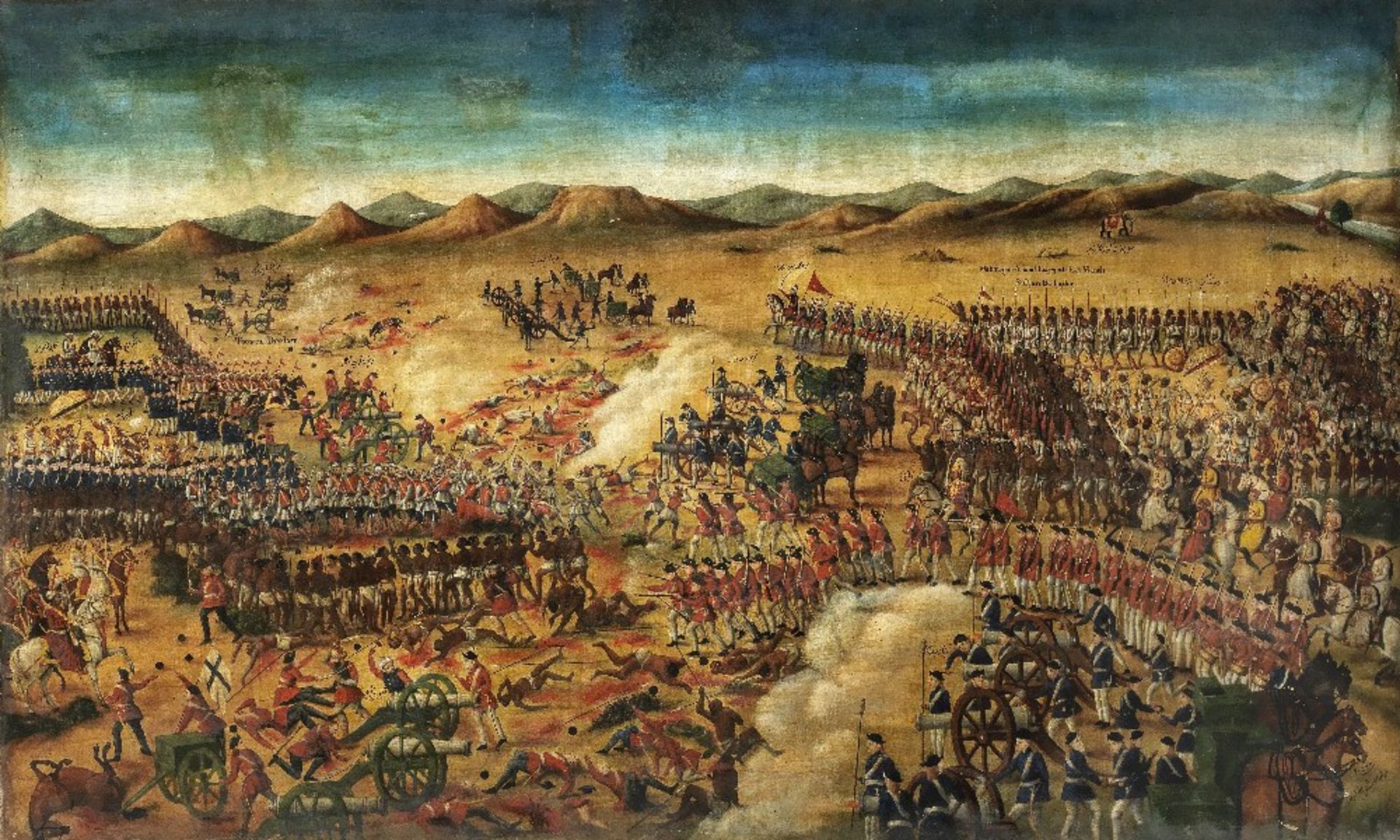 A large painting depicting the Battle of Condore in December 1758, during the Third Carnatic War,