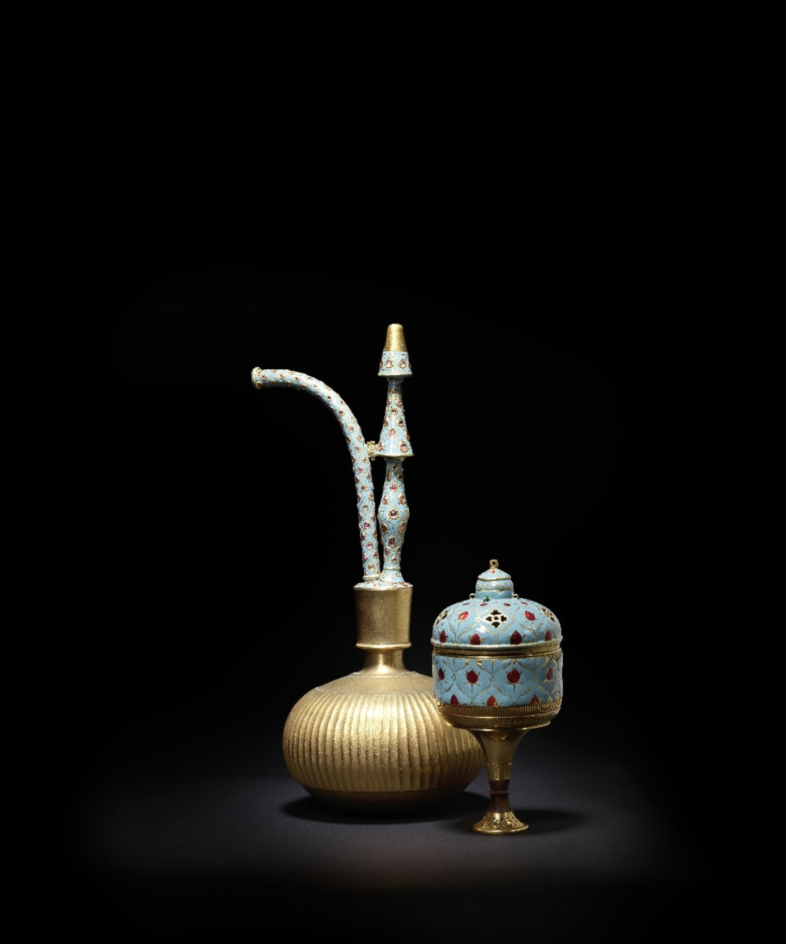 A gem-set enamelled gold huqqa stem and bowl India, 18th and 19th Century