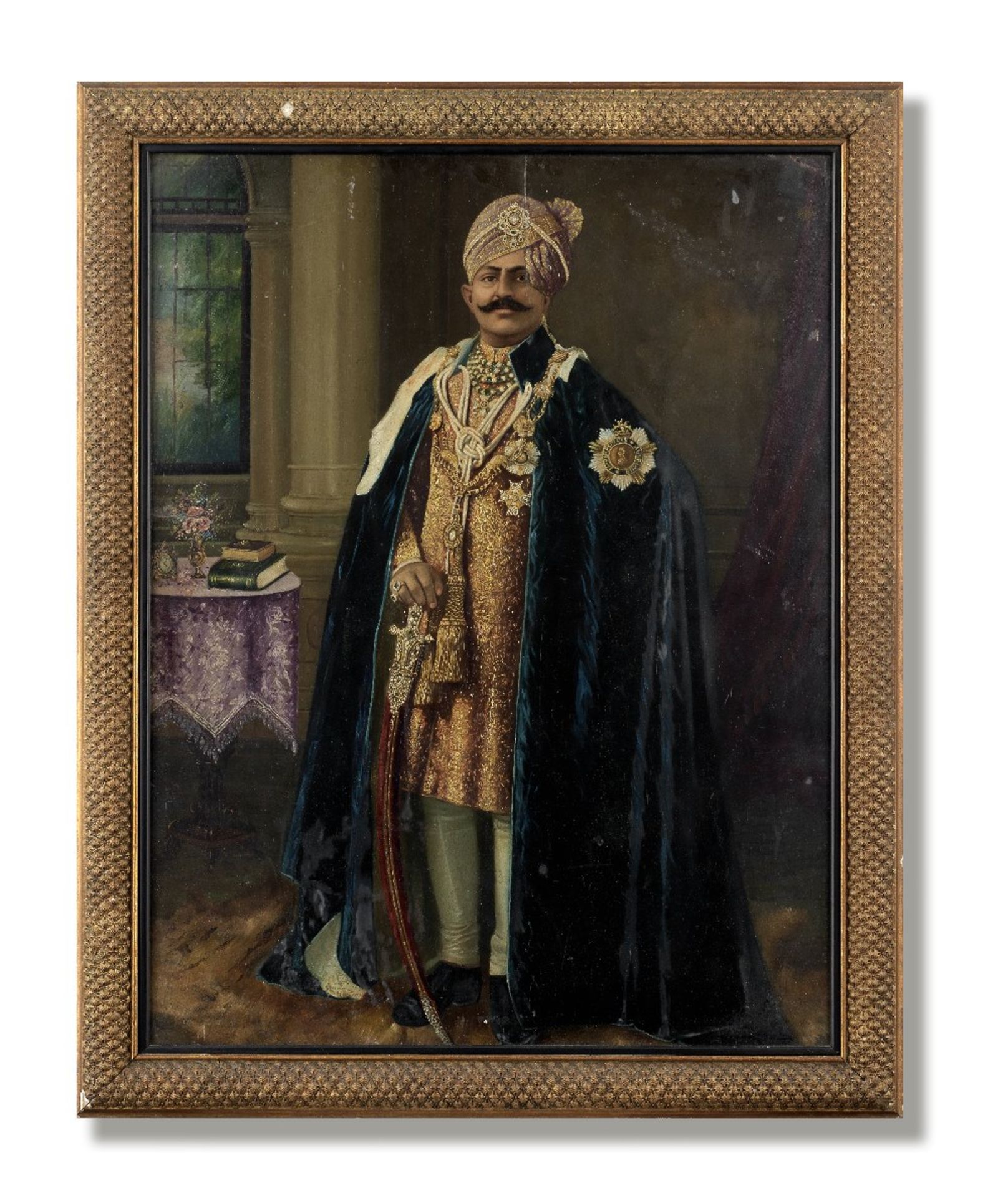 An Indian ruler, perhaps Maharajah Sir Ganga Singh of Bikaner (reg. 1888-1943), dressed in the r...