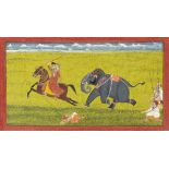 Maharana Ari Singh (reg. 1761-73) riding ahead of a runaway elephant which has thrown its mahout...