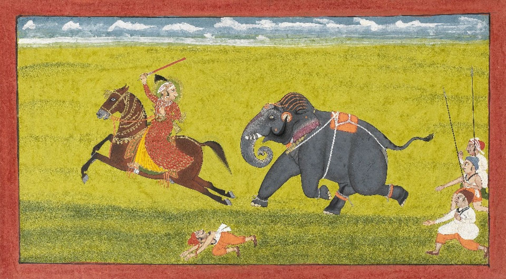 Maharana Ari Singh (reg. 1761-73) riding ahead of a runaway elephant which has thrown its mahout...