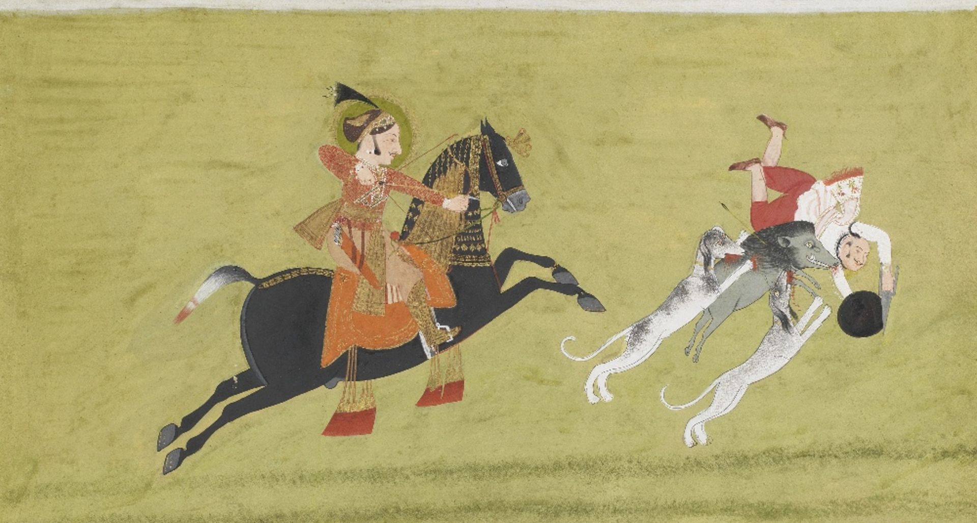 Maharana Ari Singh (reg. 1761-1773) hunting wild boar on horseback Udaipur, by the artist Shiva,...