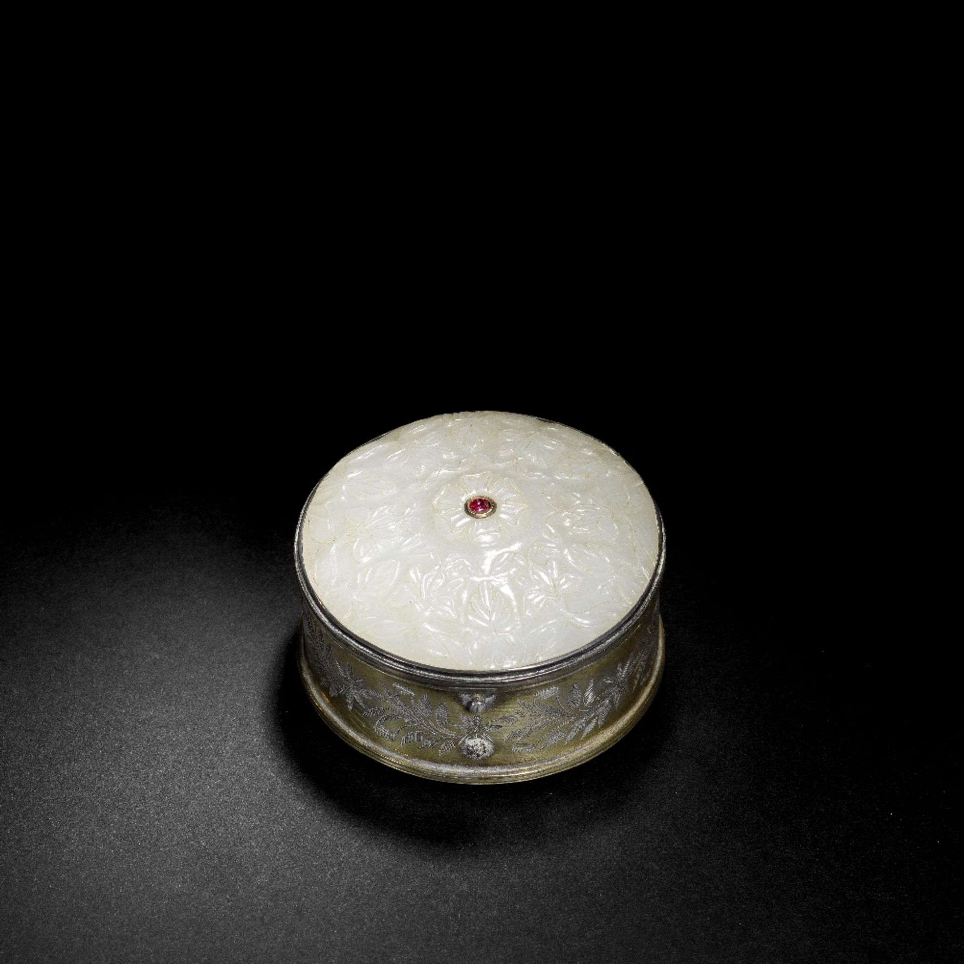 A Mughal ruby-set white jade lid mounted as a box India, 18th Century, the box 19th Century