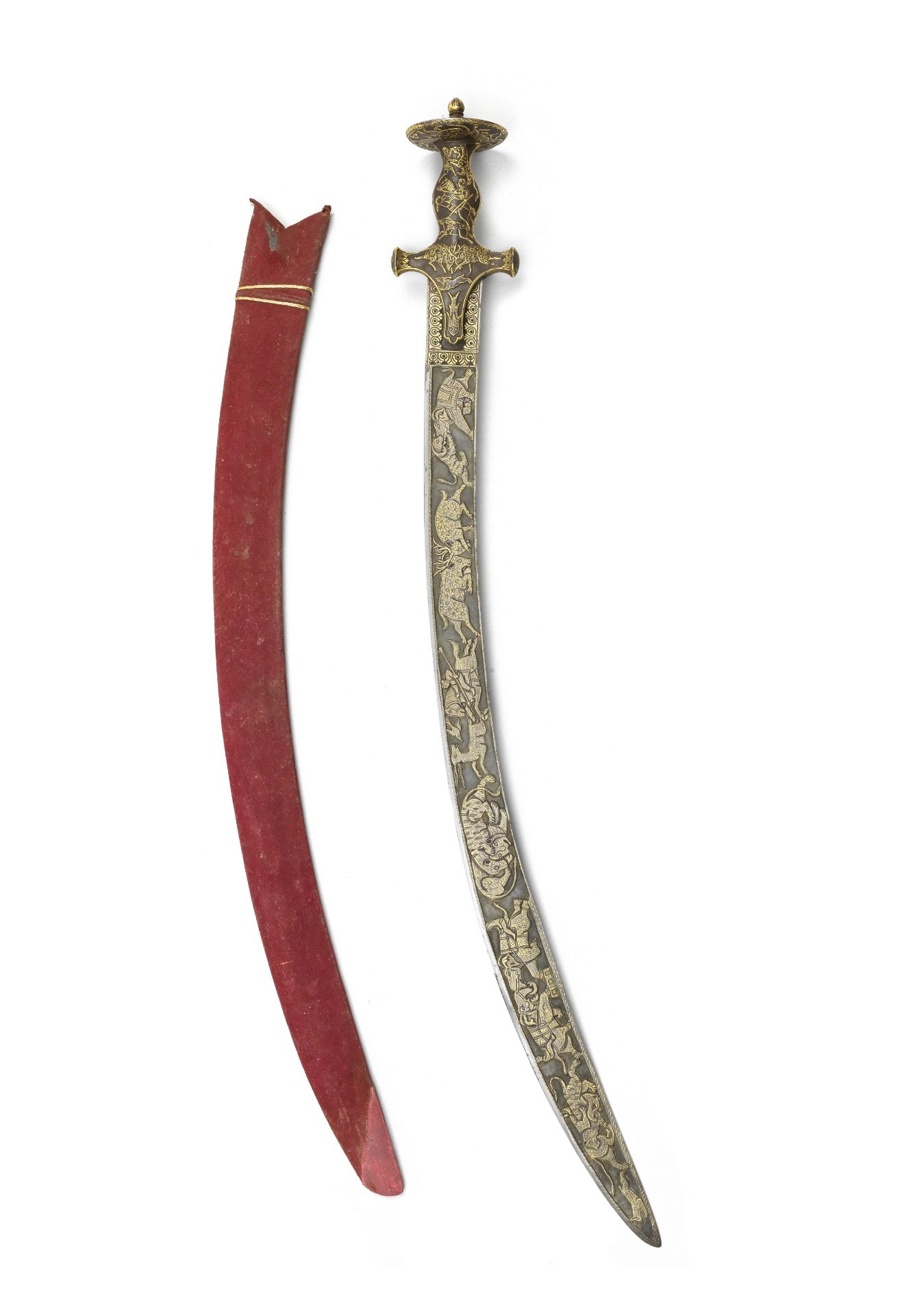 A gold koftgari steel sword (tulwar) with hunting scenes Rajasthan, 19th Century