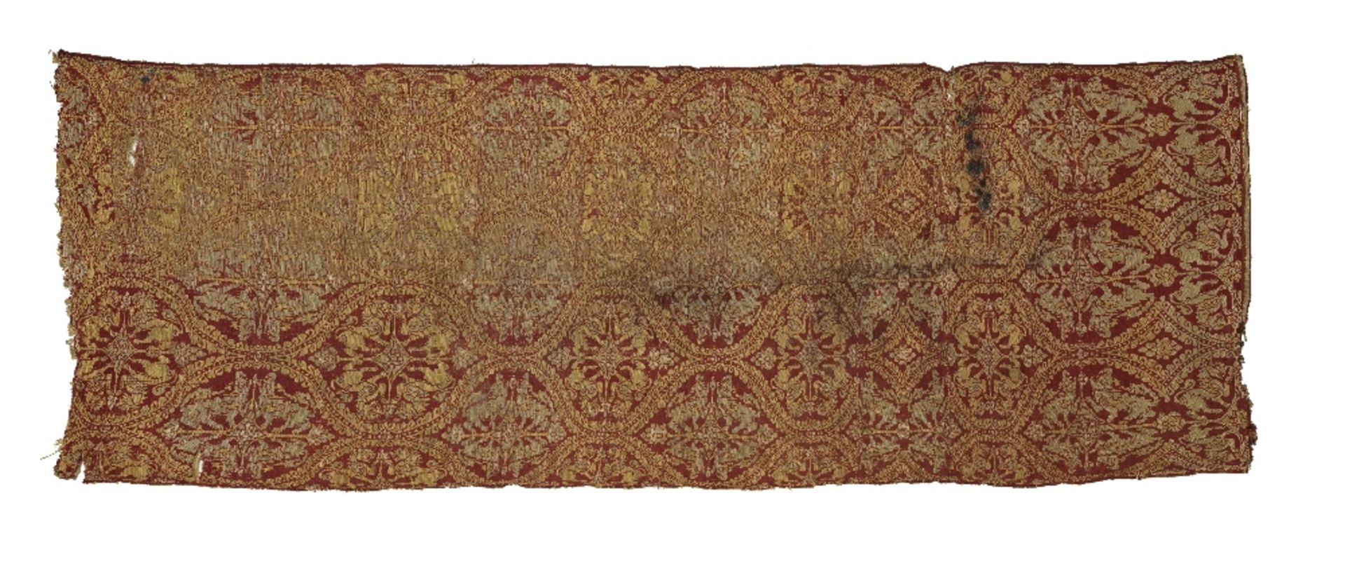 A Sultanate silk lampas panel depicting yalis and makaras Gujarat, 15th Century