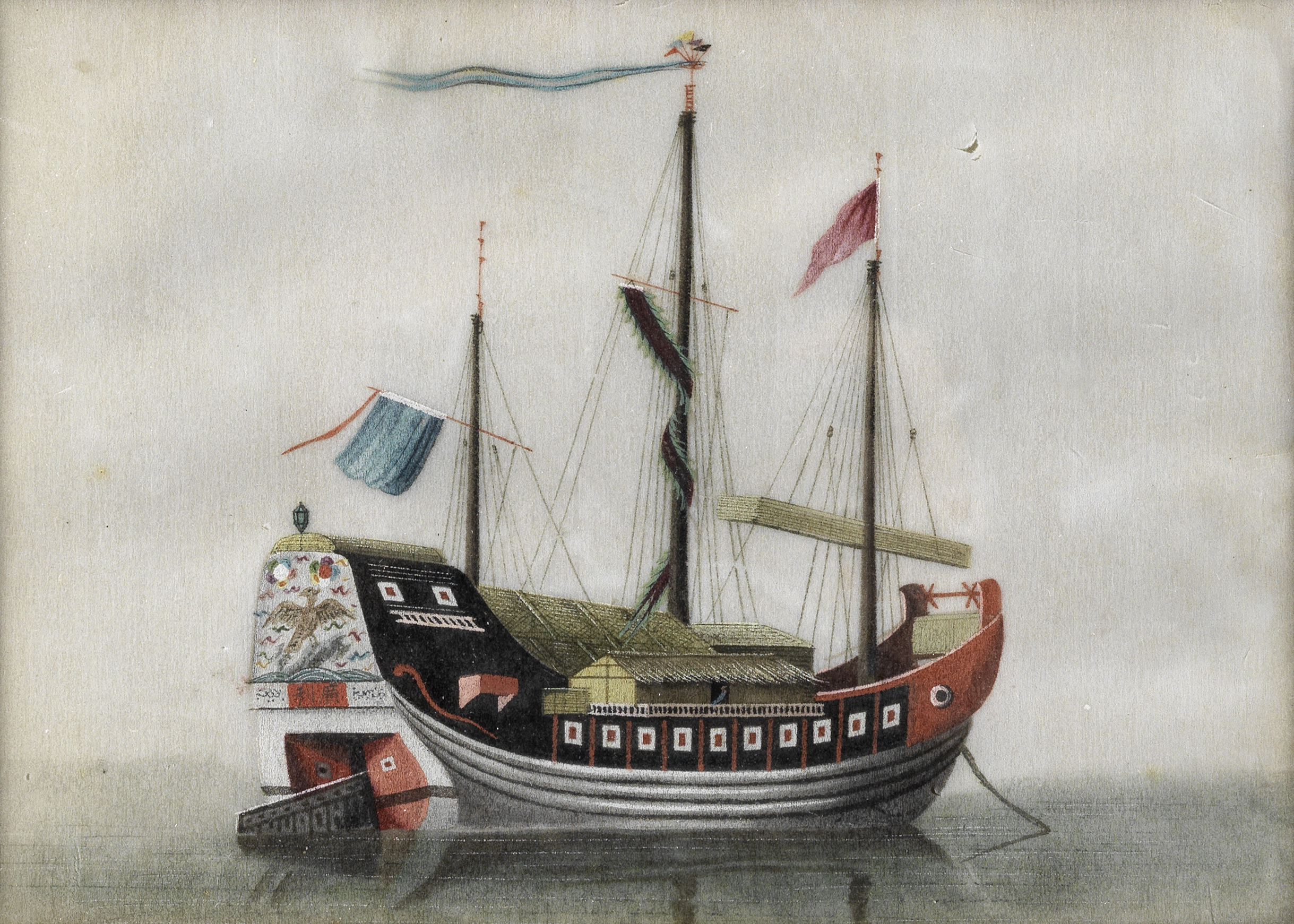 Tingqua (Guan Lianchang) (Chinese, circa 1809-1870) A naval junk at anchor, a butterfly resting ...