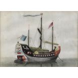 Tingqua (Guan Lianchang) (Chinese, circa 1809-1870) A naval junk at anchor, a butterfly resting ...