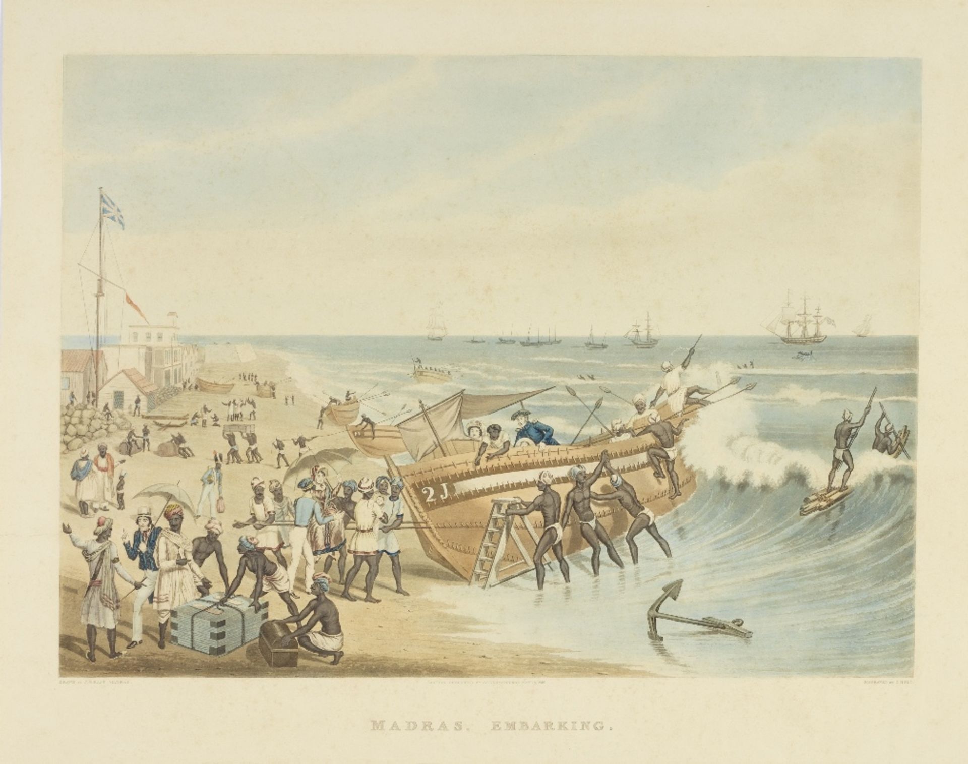 J.B. East (British) 'Madras Embarking' hand-coloured engraved view by C. Hunt after J.B. East, M...
