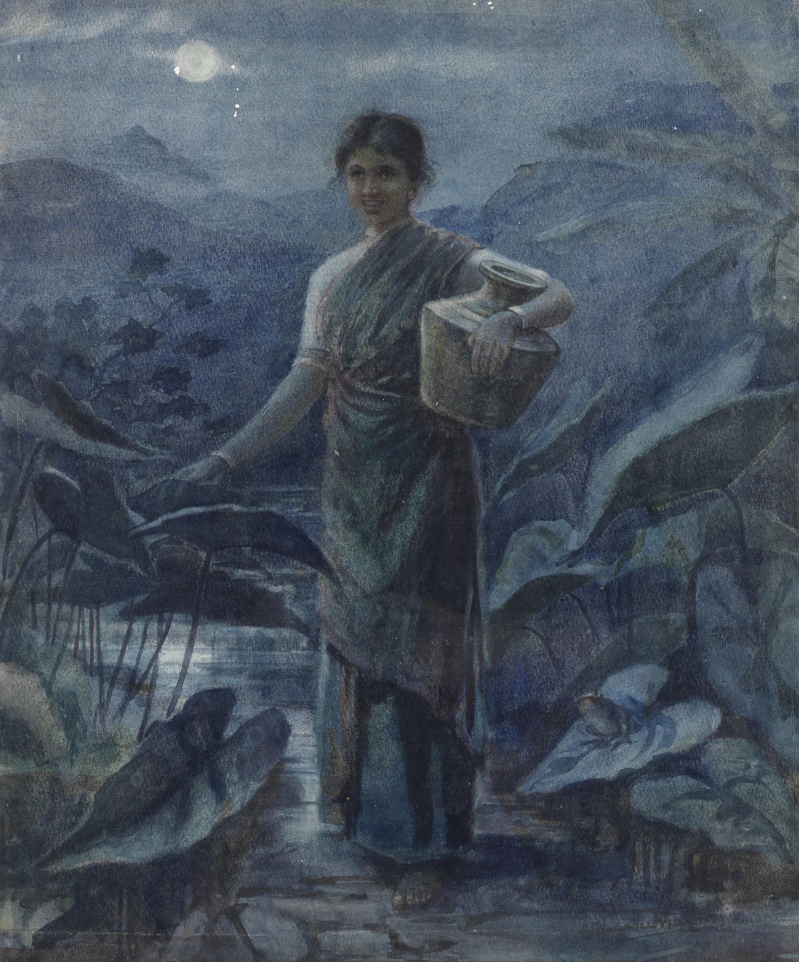Emily Florence Mason (British, born 1870) An Indian water carrier by moonlight