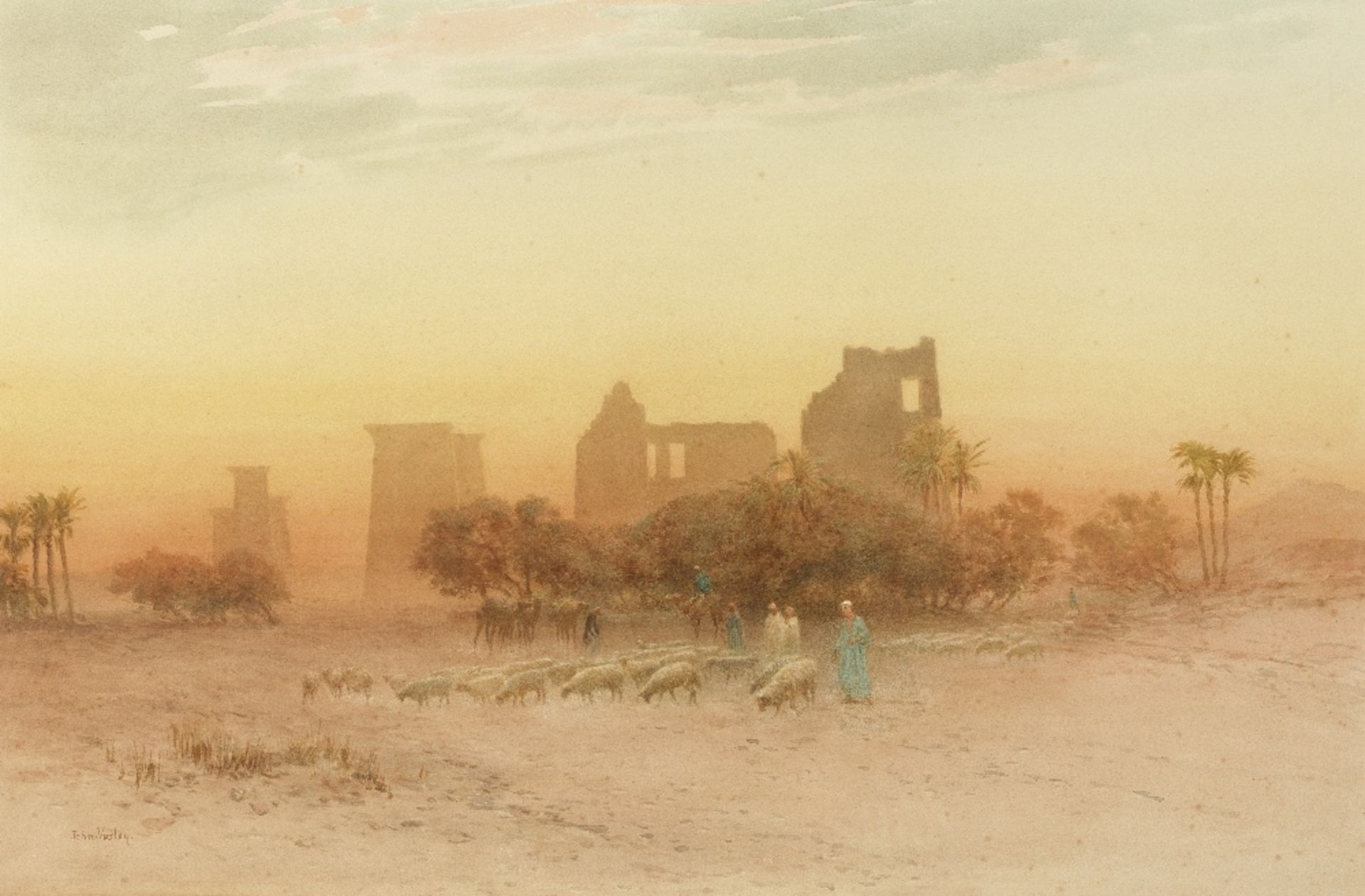 John Varley Jnr. (British, 1850-1933) Herding sheep at sunset by an Egyptian ruin