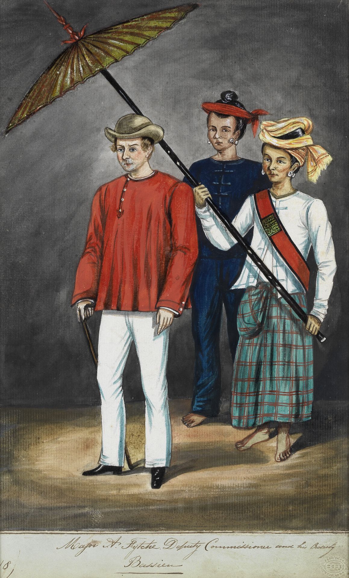 British School, 19th Century Portrait of Major Albert Fytche accompanied by two Burmese men