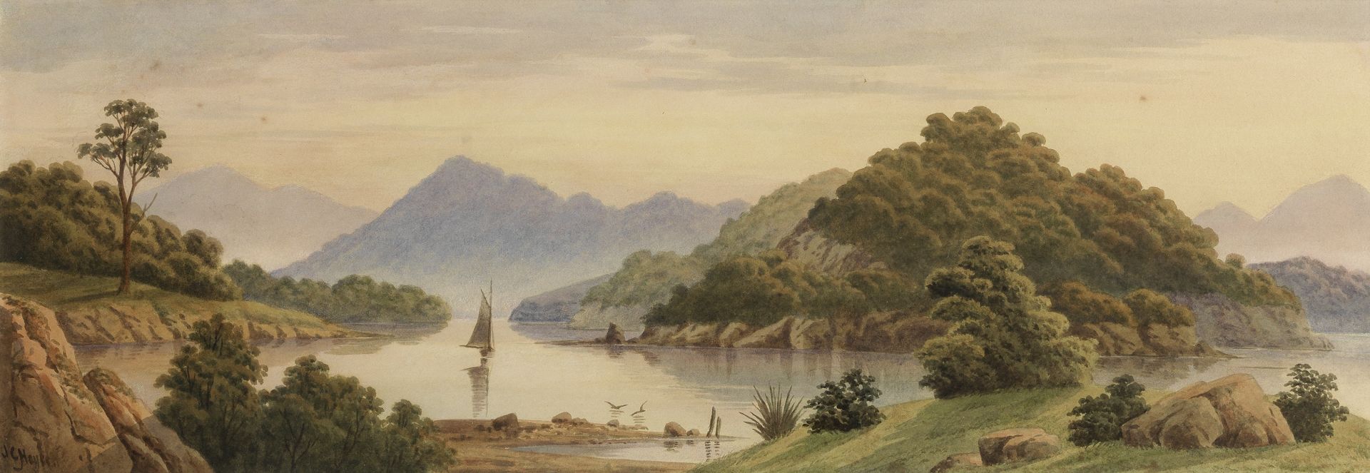 John Barr Clarke Hoyte (British, 1835-1913) A sailing boat entering the Sounds, New Zealand