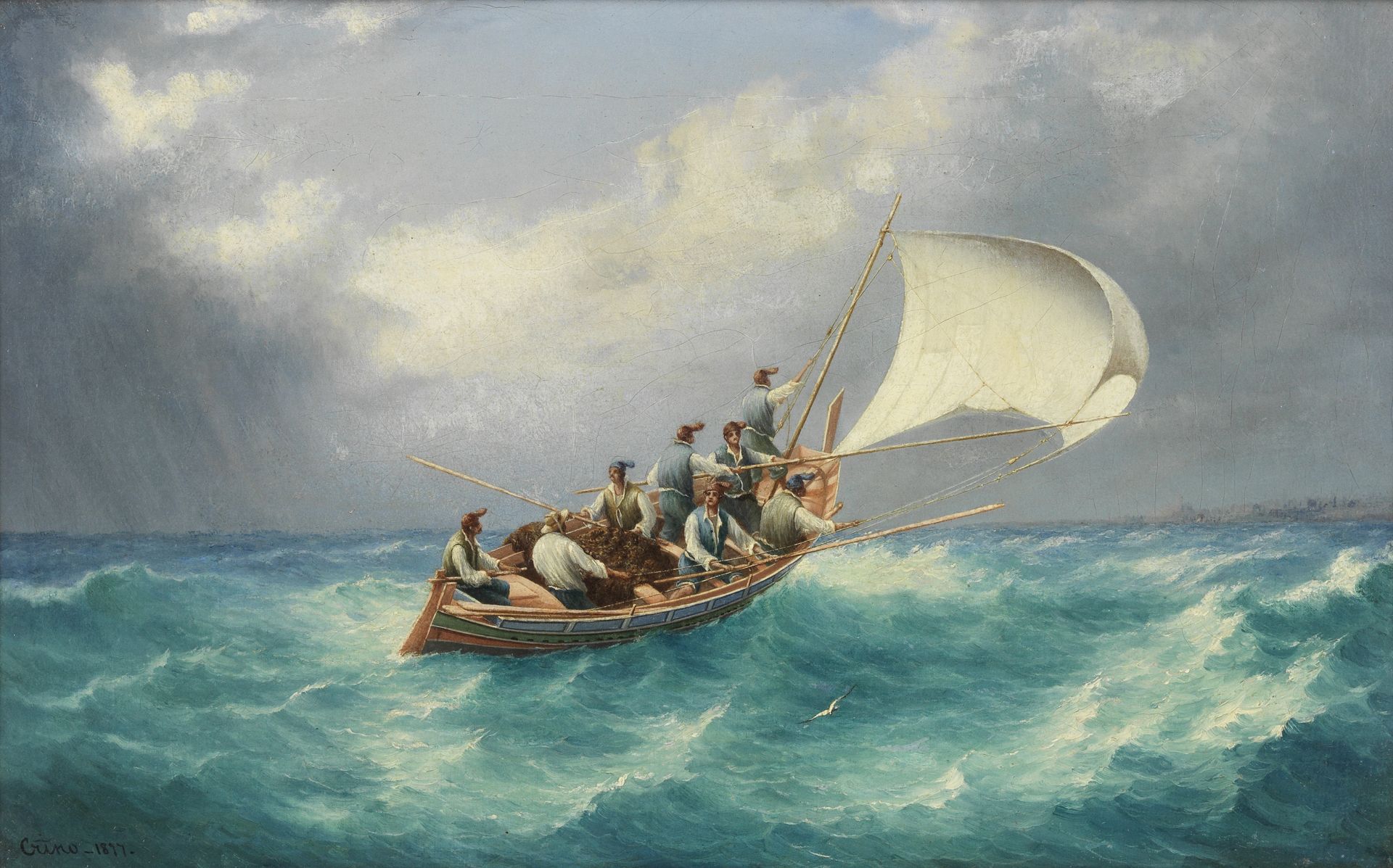 Nicola F. Crescimanno (Italian, active late 19th Century) Gozo fishing boat off Malta