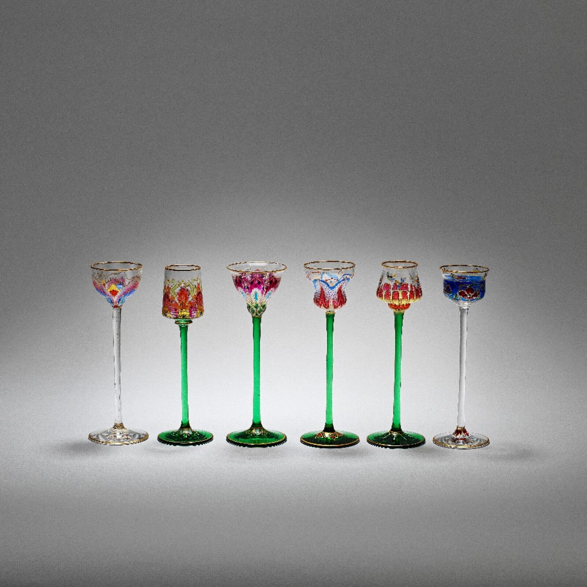 Attributed to Meyr's Neffe 'Harlequin' set of six Art Nouveau liqueur glasses, circa 1900