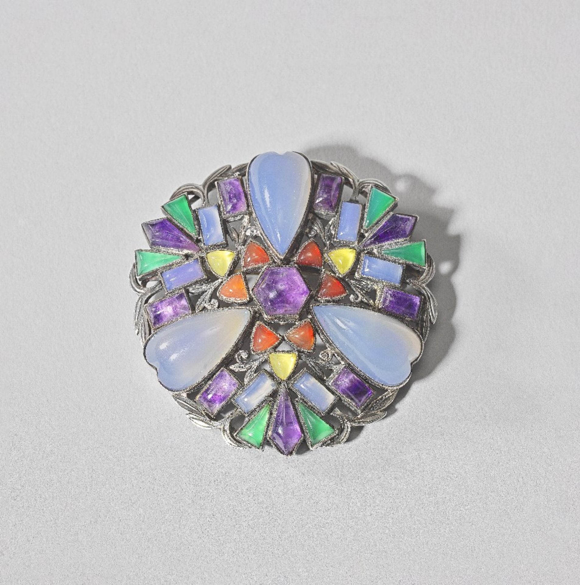 Sibyl Dunlop Brooch set with semi-precious stones, dated 1965