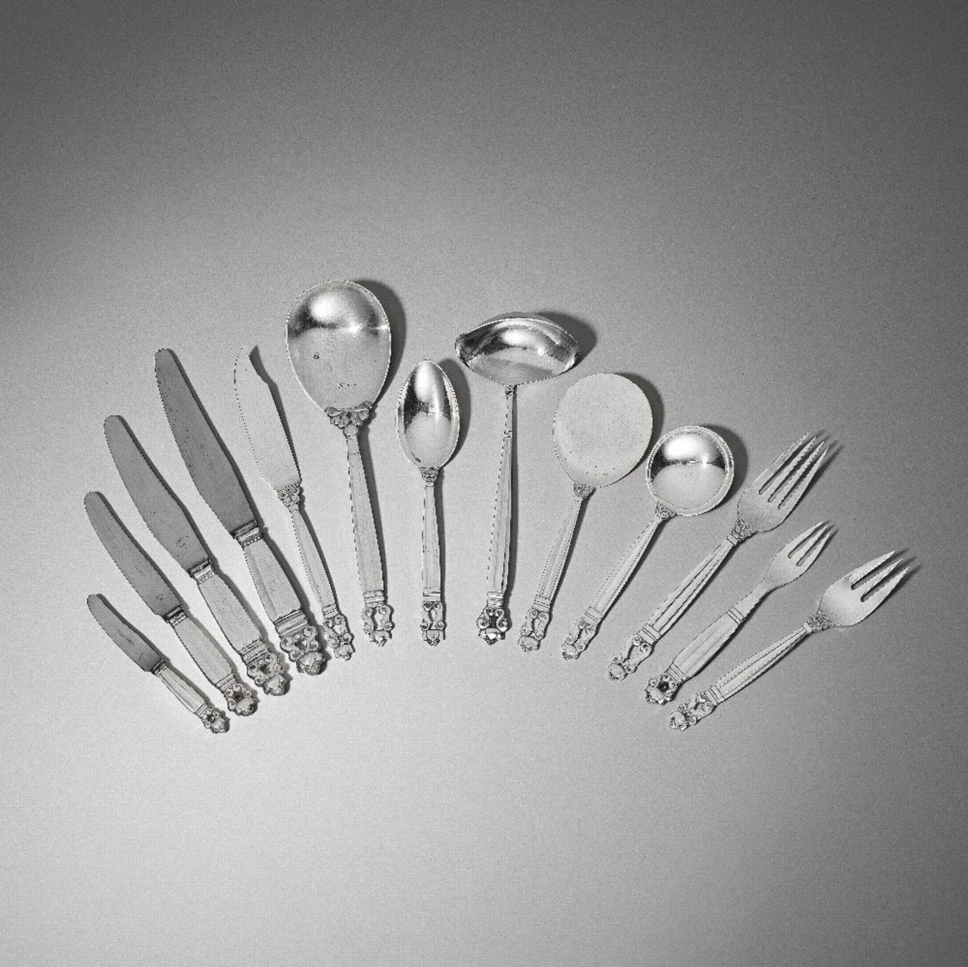 Johan Rohde for Georg Jensen Set of 'Acorn' pattern cutlery, design introduced 1916 and these ma...