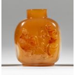 A chalcedony agate snuff bottle 1820-1900 Cockerel and bee decoration on one side, with white cl...