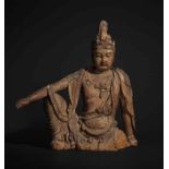 A MAGNIFICENT AND VERY RARE LARGE WOOD FIGURE OF THE BODHISATTVA GUANYIN IN WATER MOON FORMJin