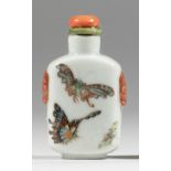 A fine enameled porcelain snuff bottle Daoguang seal mark and probably of the period Colorful bu...