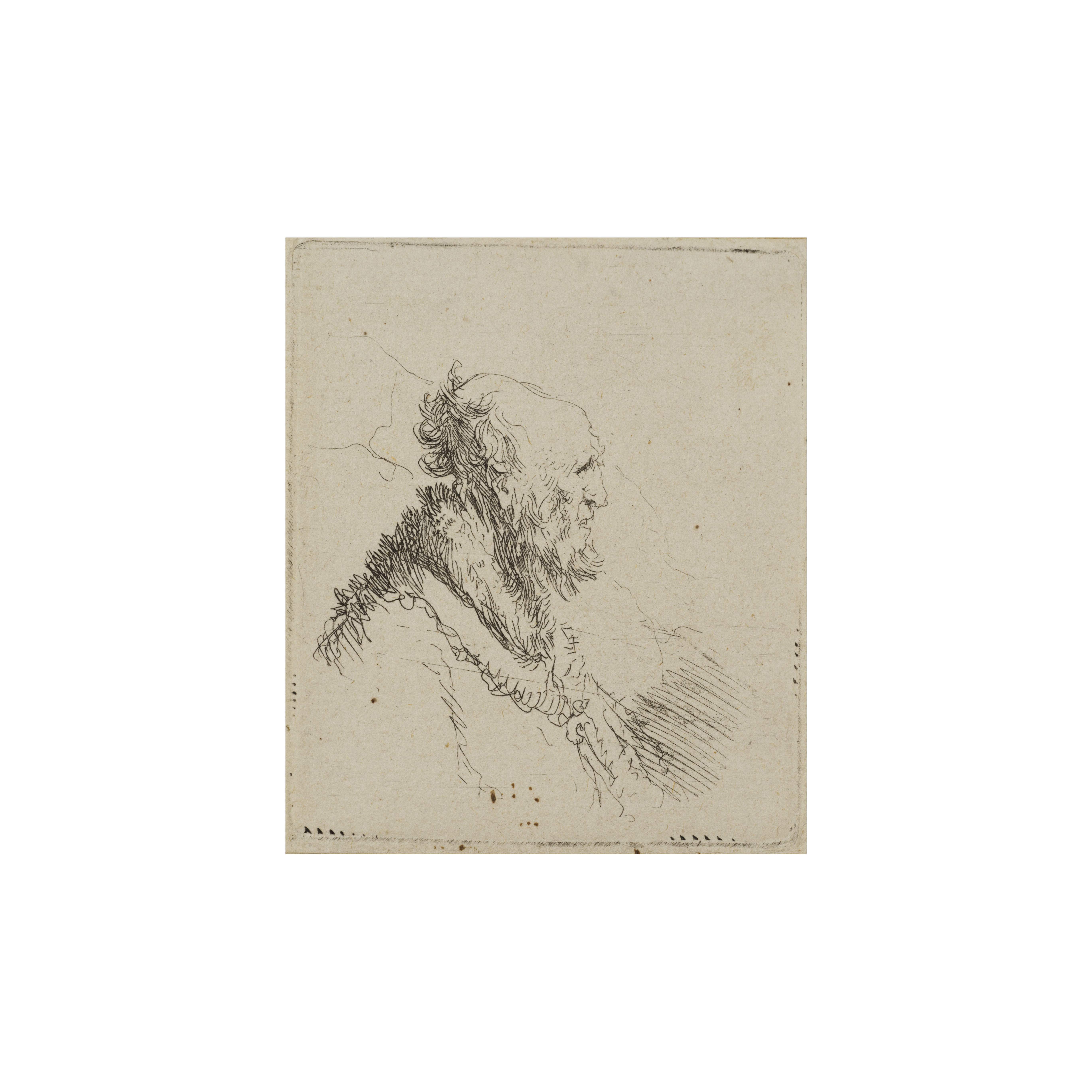 REMBRANDT HARMENSZ VAN RIJN (1606-1669) Vieil homme chauve avec une barbe courte, profil &#224; ...