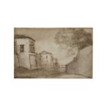 CLAUDE GEL&#201;E, DIT CLAUDE LORRAIN (1600-1682) Une rue avec des maisons &#224; gauche, une fo...