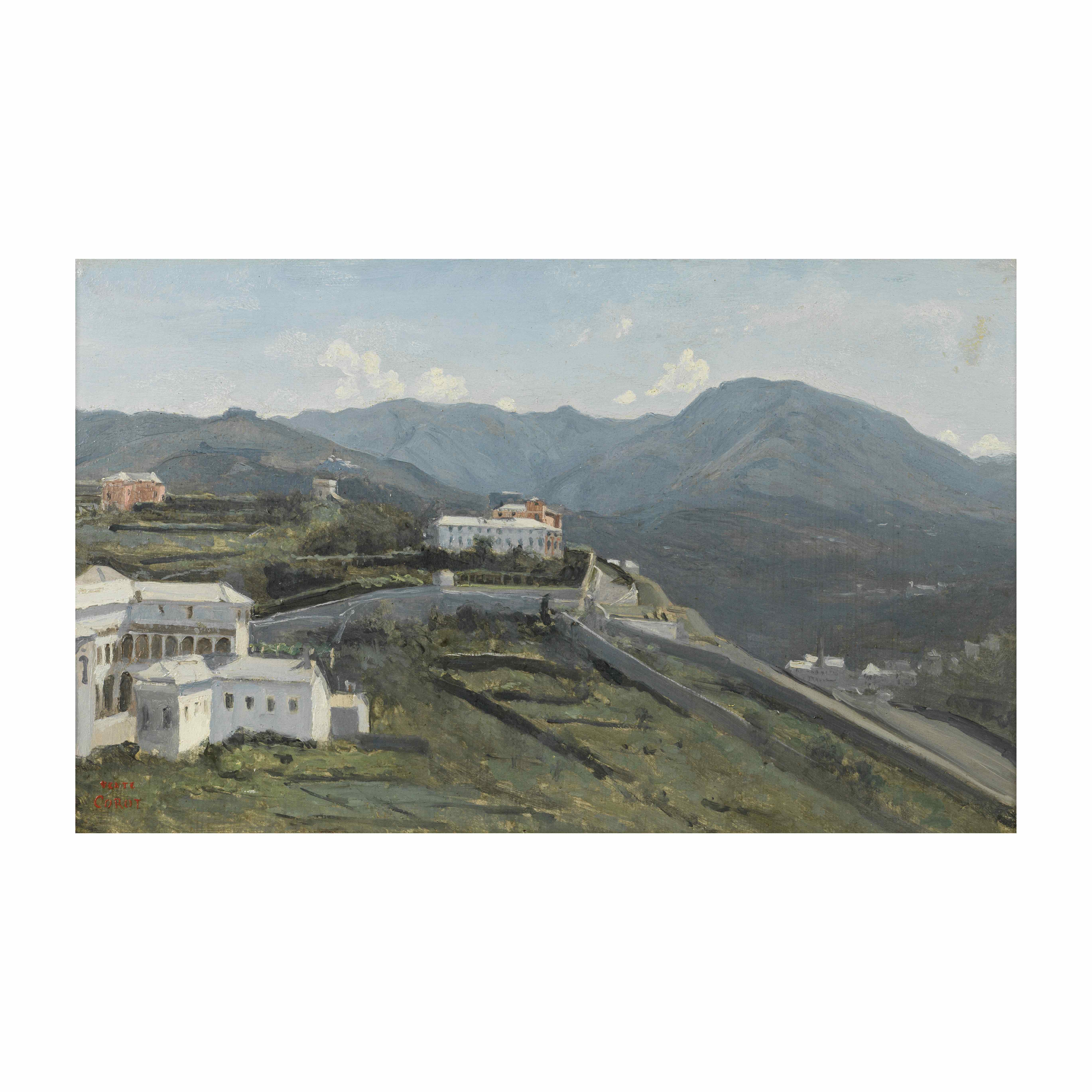JEAN-BAPTISTE-CAMILLE COROT (1796-1875) G&#234;nes. Un bout de la ville et les Apennins