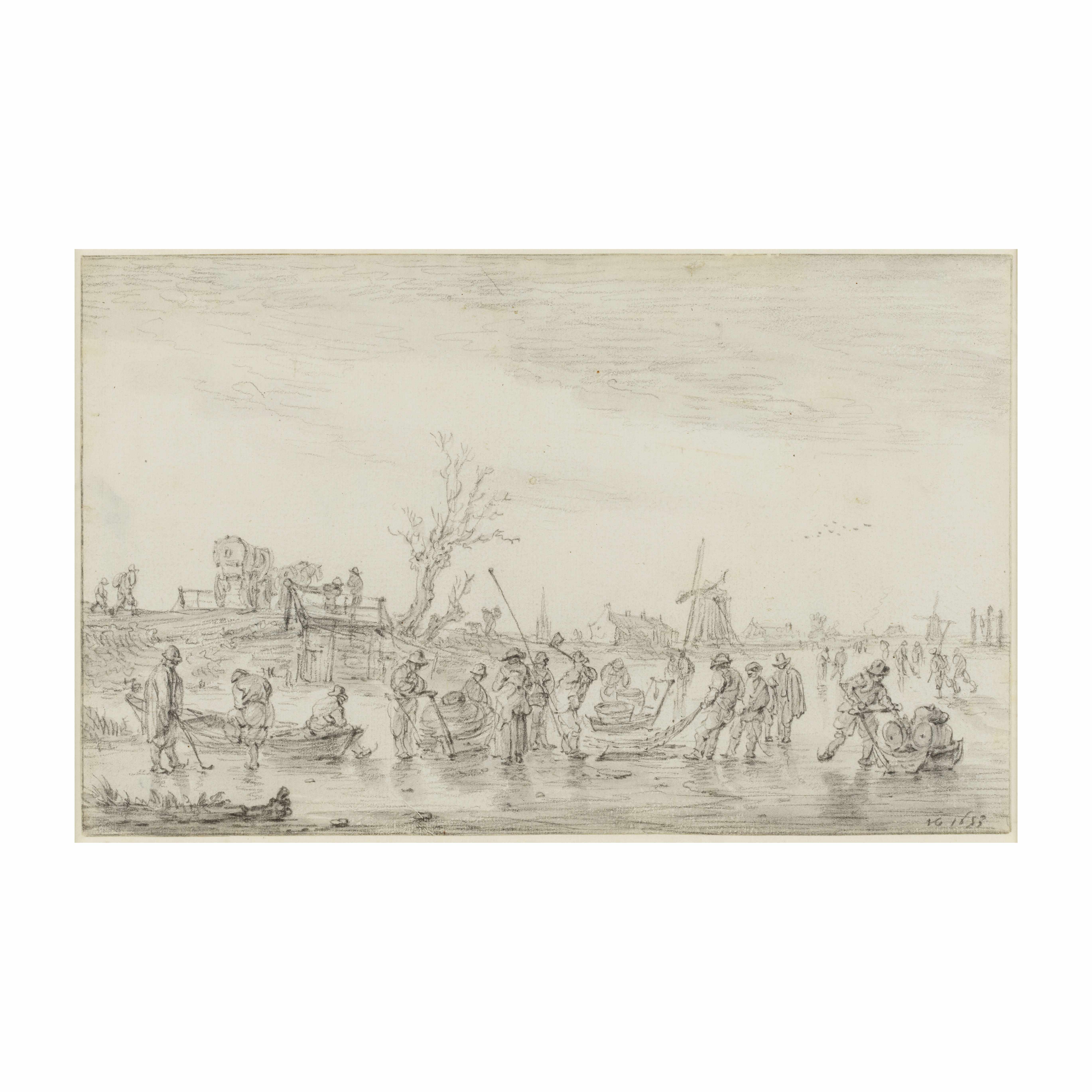 JAN JOSEFSZ. VAN GOYEN (1596-1665) Paysage d'hiver: p&#234;cheurs sur la glace