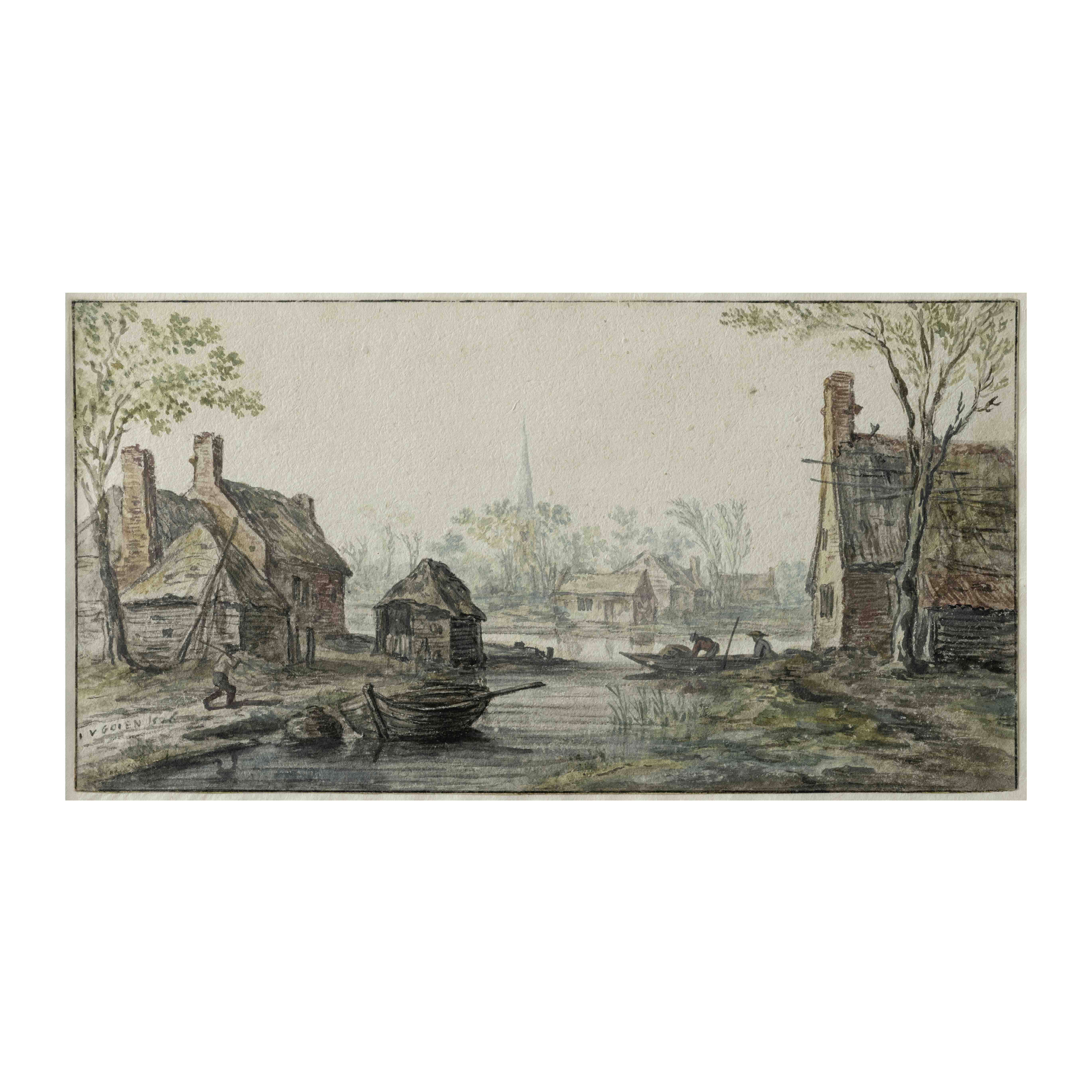 JAN JOSEFSZ. VAN GOYEN (1596-1665) Paysage de printemps: un canal dans un village avec deux homm...