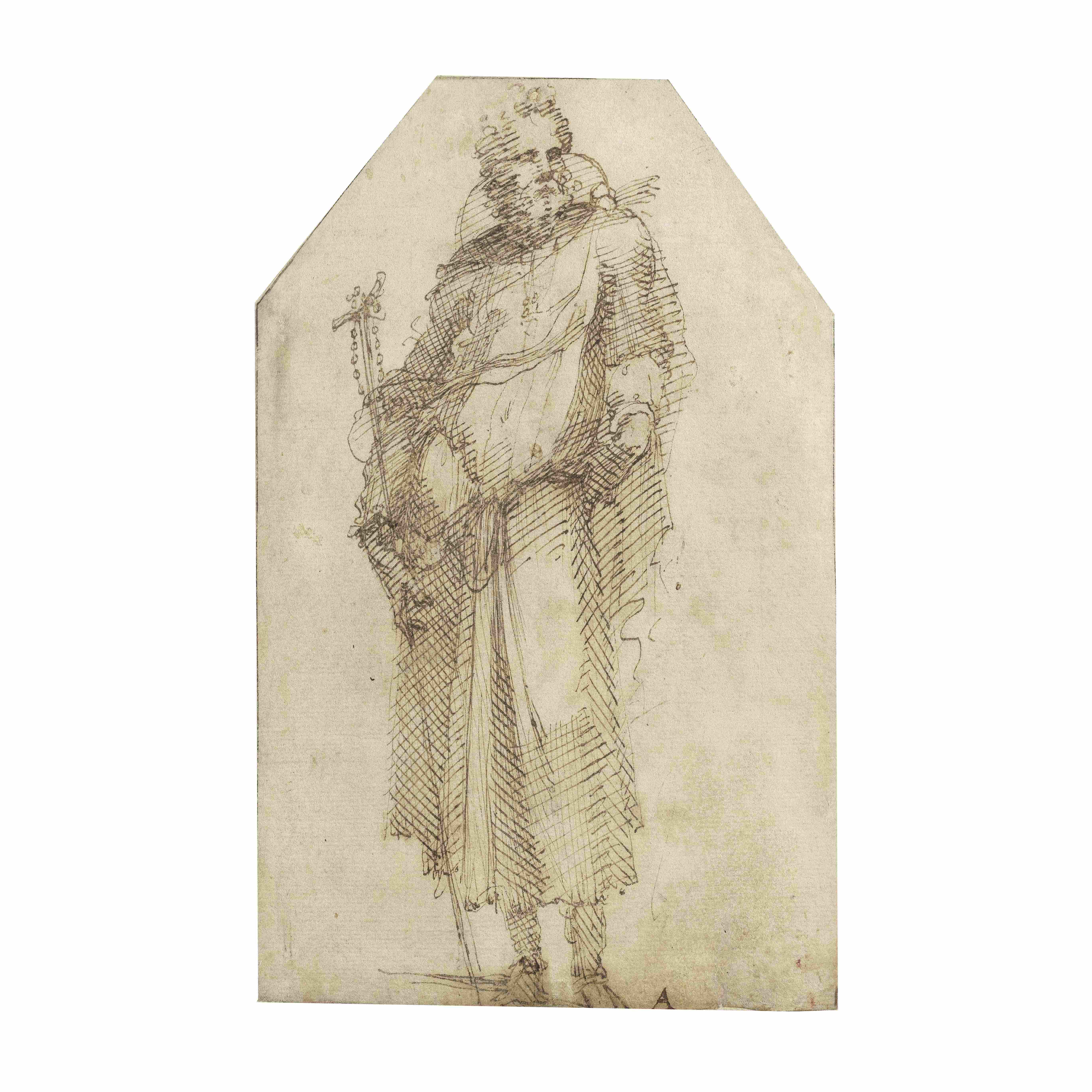 DOMENICO BECCAFUMI (circa 1486-1551) Un saint debout tenant une croix en tau &#224; laquelle est...
