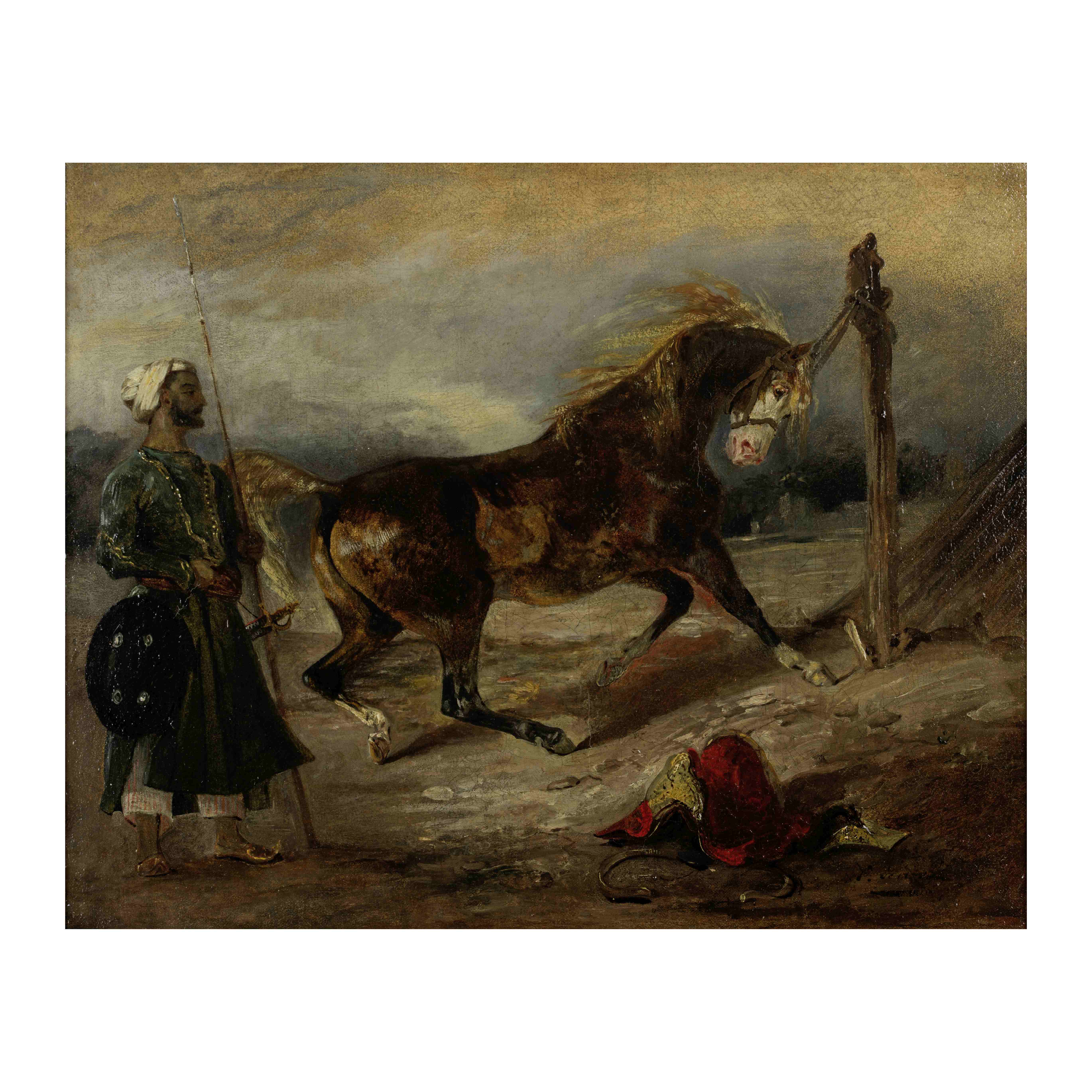 EUG&#200;NE DELACROIX (1798-1863) Cheval arabe attach&#233; &#224; un piquet