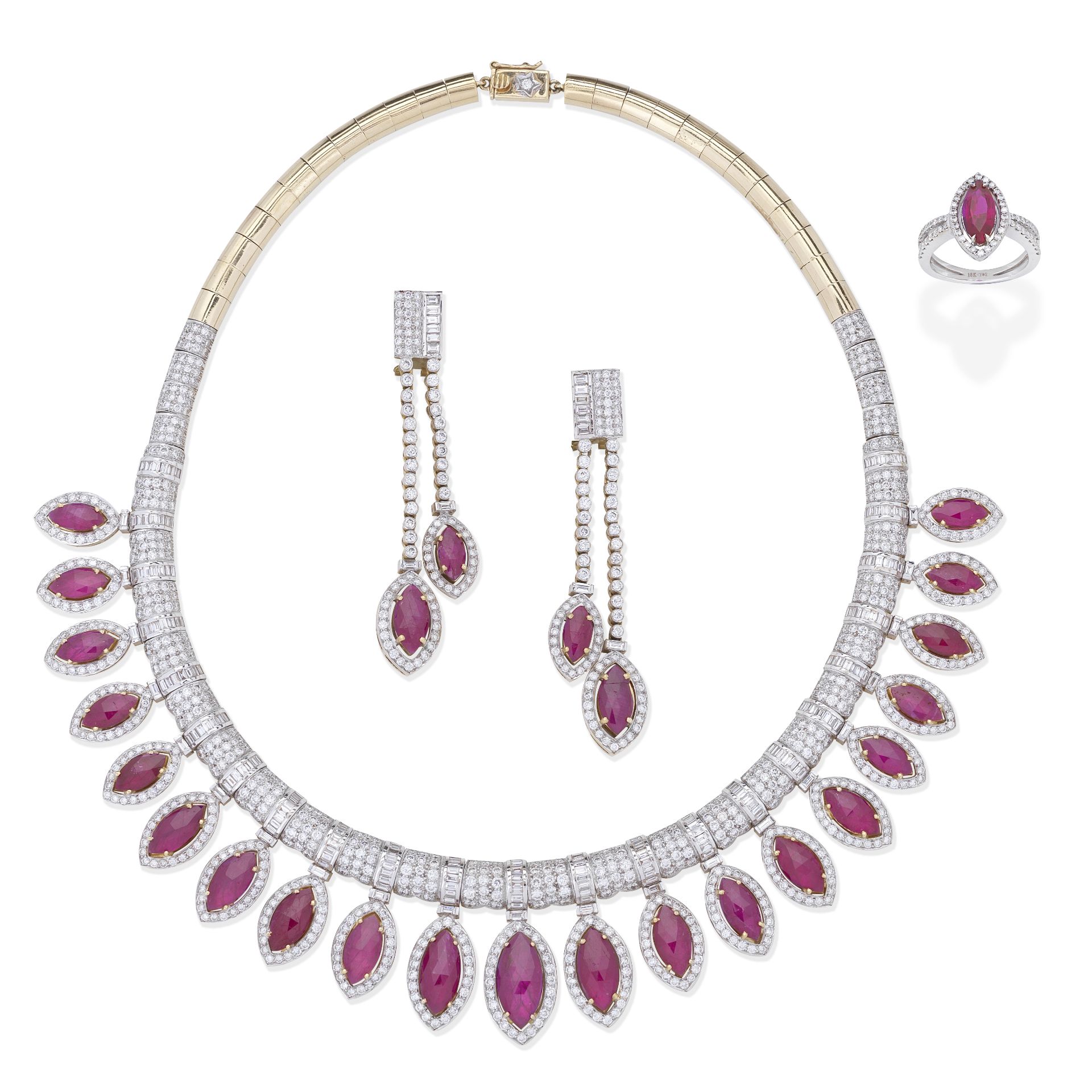 RUBY AND DIAMOND NECKLACE, EARRINGS AND RING SUITE (3)