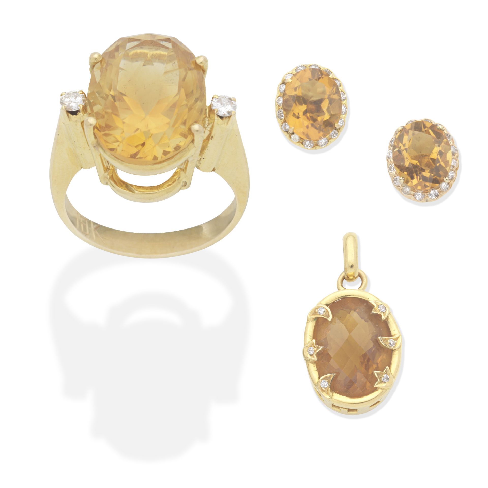 CITRINE AND DIAMOND EARRINGS, RING AND PENDANT (3)