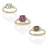 THREE GEM-SET AND DIAMOND RINGS (3)