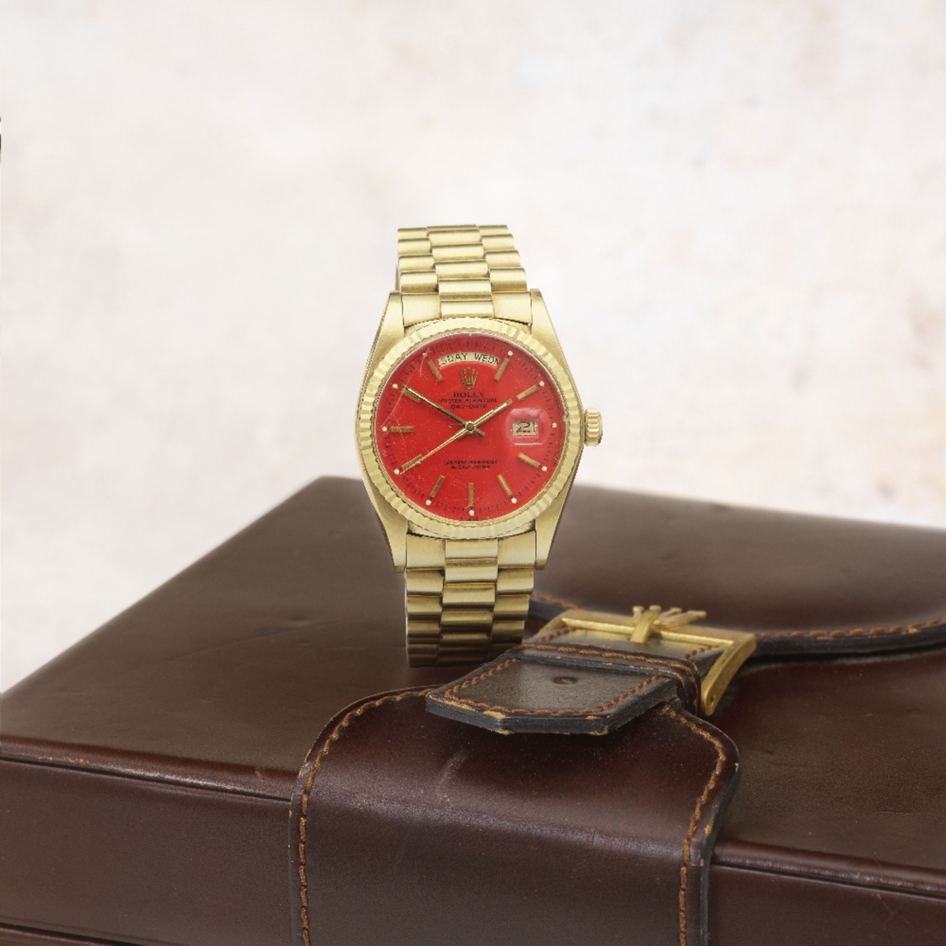 Rolex. A fine and rare 18K gold automatic calendar bracelet watch with stella dial Day-Date, Re...