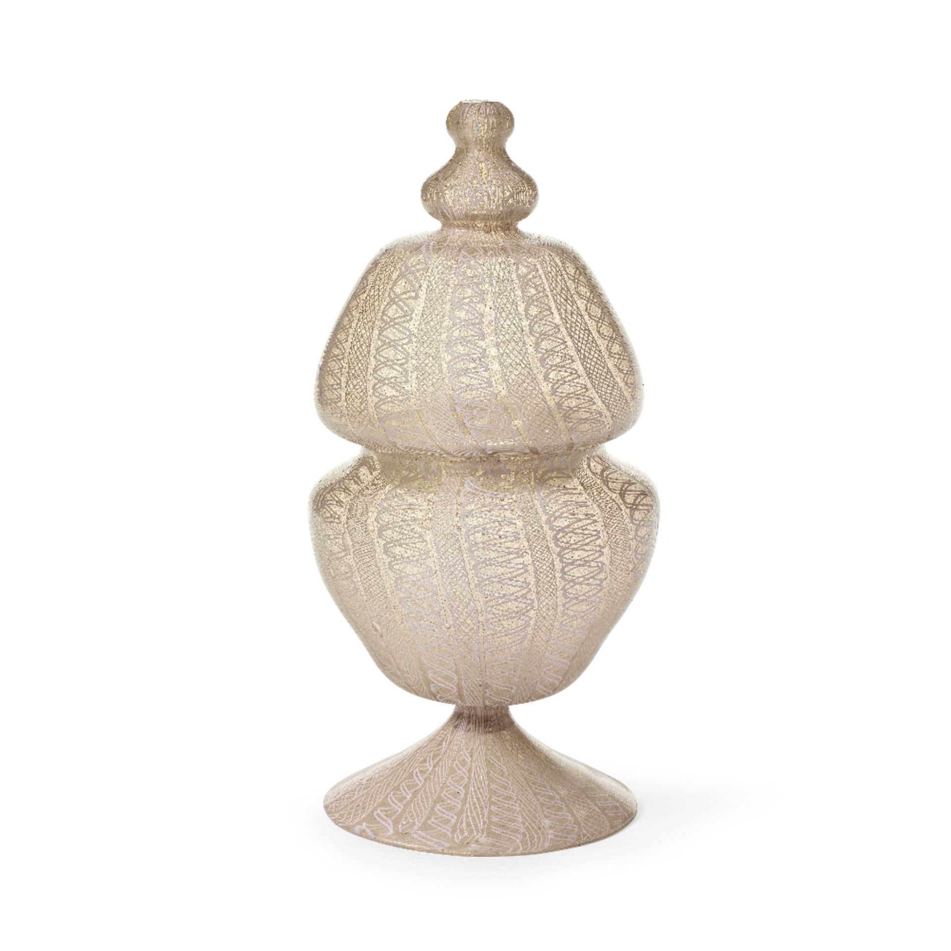 An unusual Spanish fa&#231;on de Venise latticinio vase and cover, probably Catalan, late 17th o...