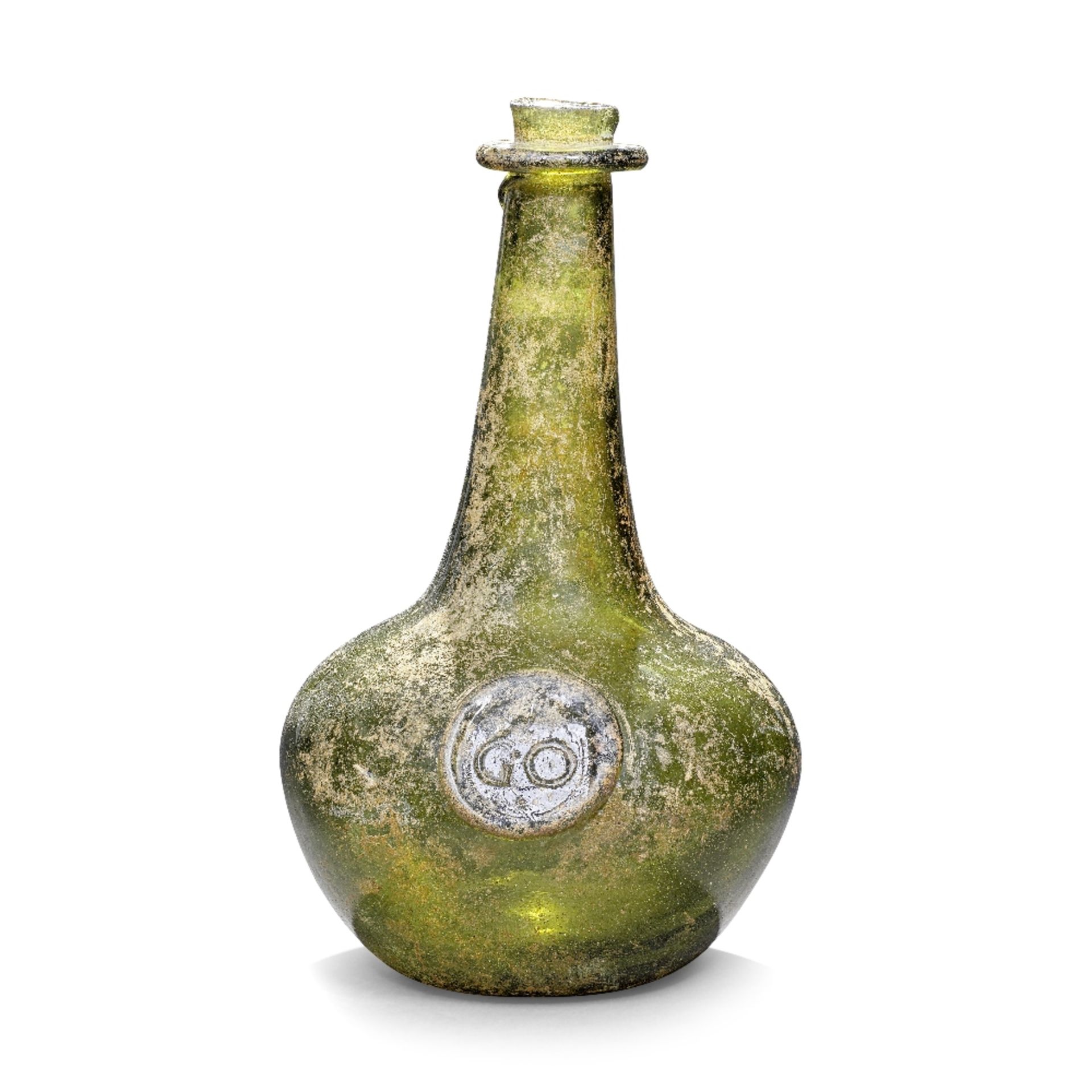 An exceptionally rare and important sealed 'Shaft and Globe' wine bottle, circa 1660-65