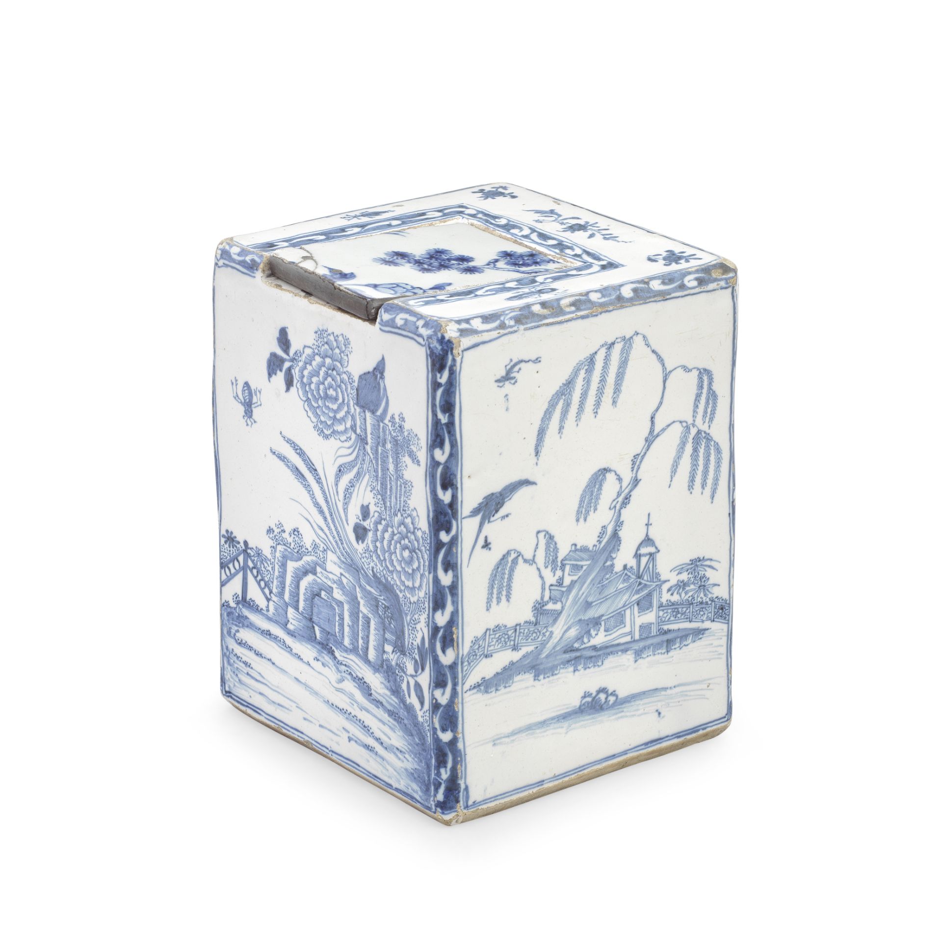 A rare and large English delftware tea canister or tobacco jar and a cover, circa 1760