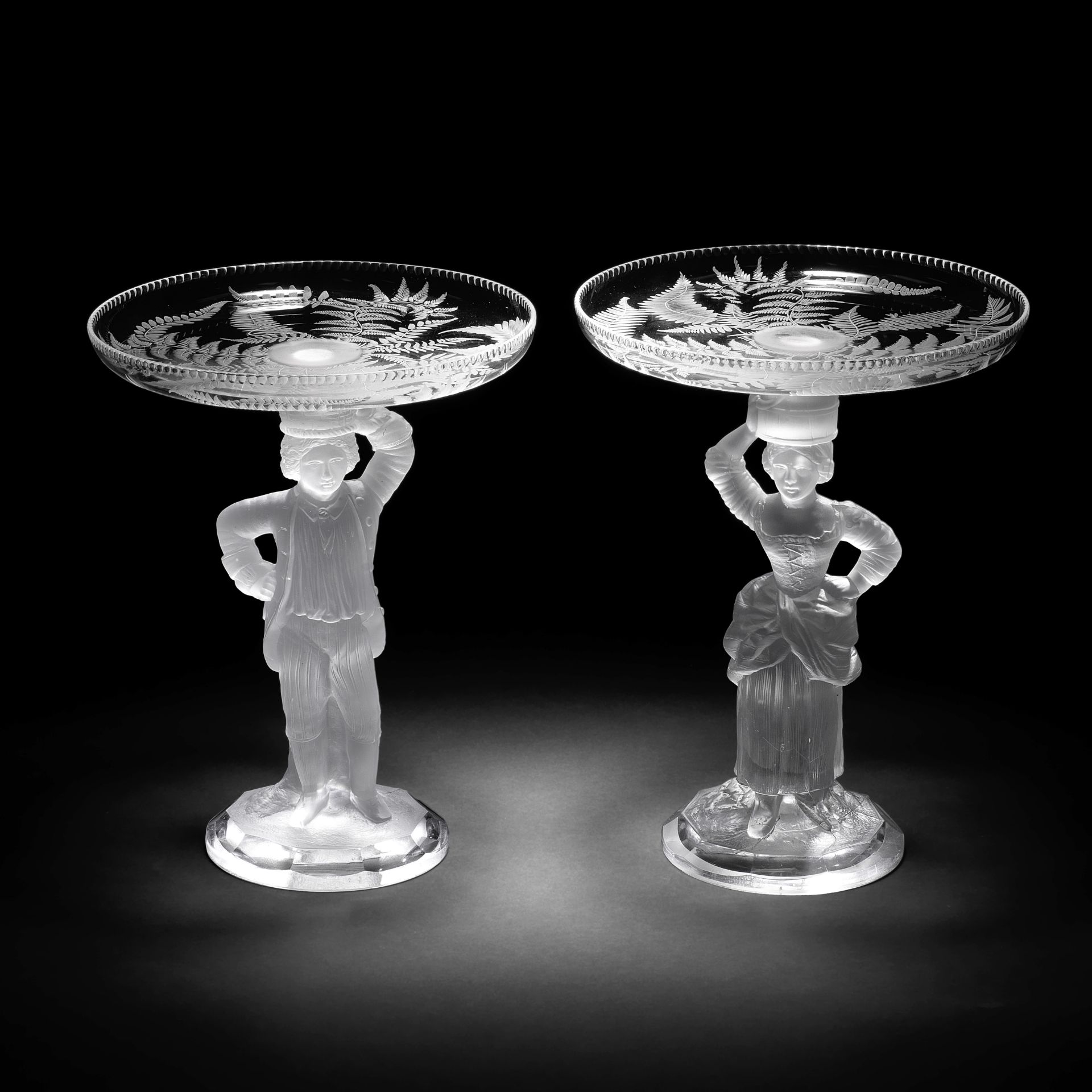 A pair of figural tazzas by John Ford and Co, Holyrood Glassworks, Edinburgh, circa 1870