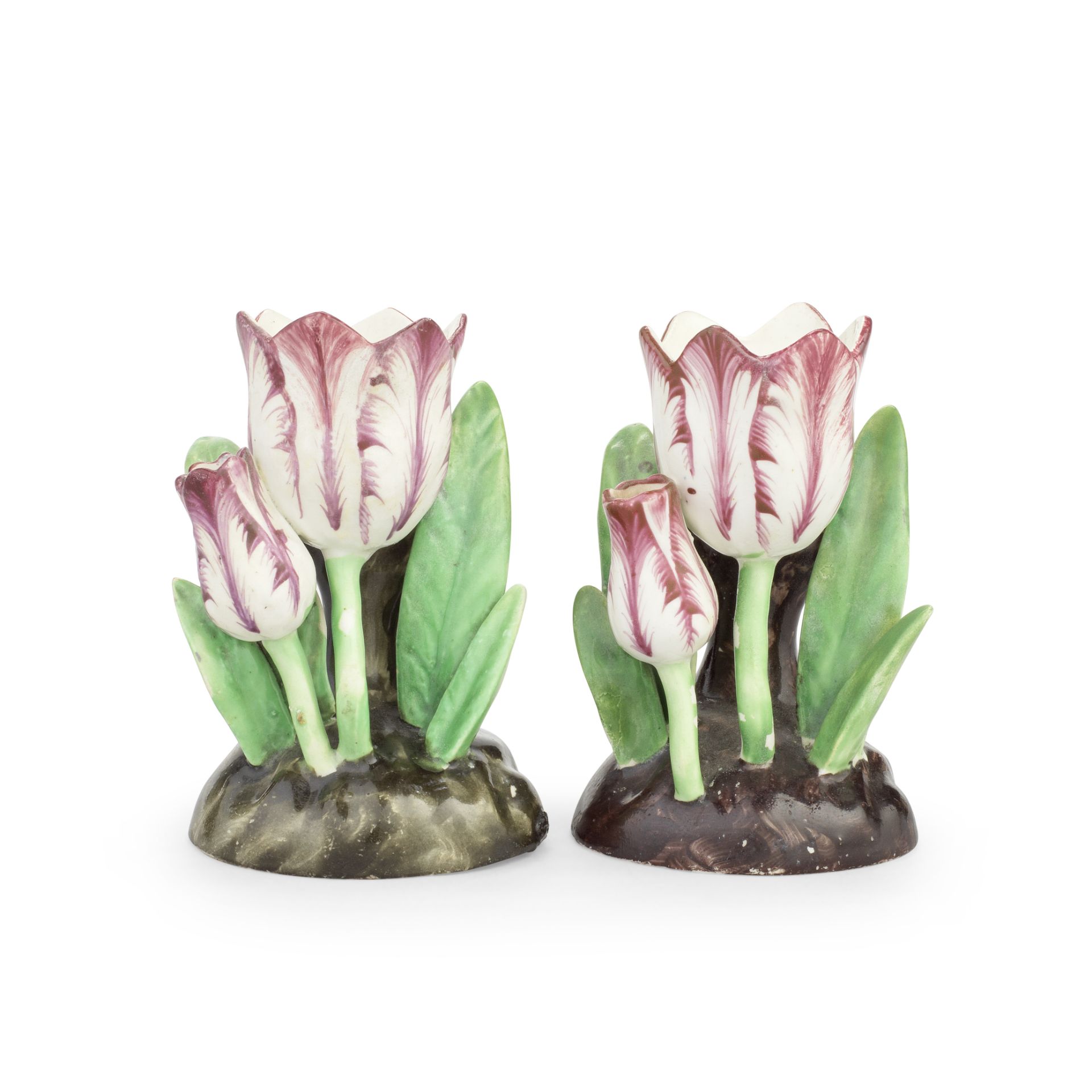 A near pair of small Staffordshire porcelain tulip vases, circa 1840