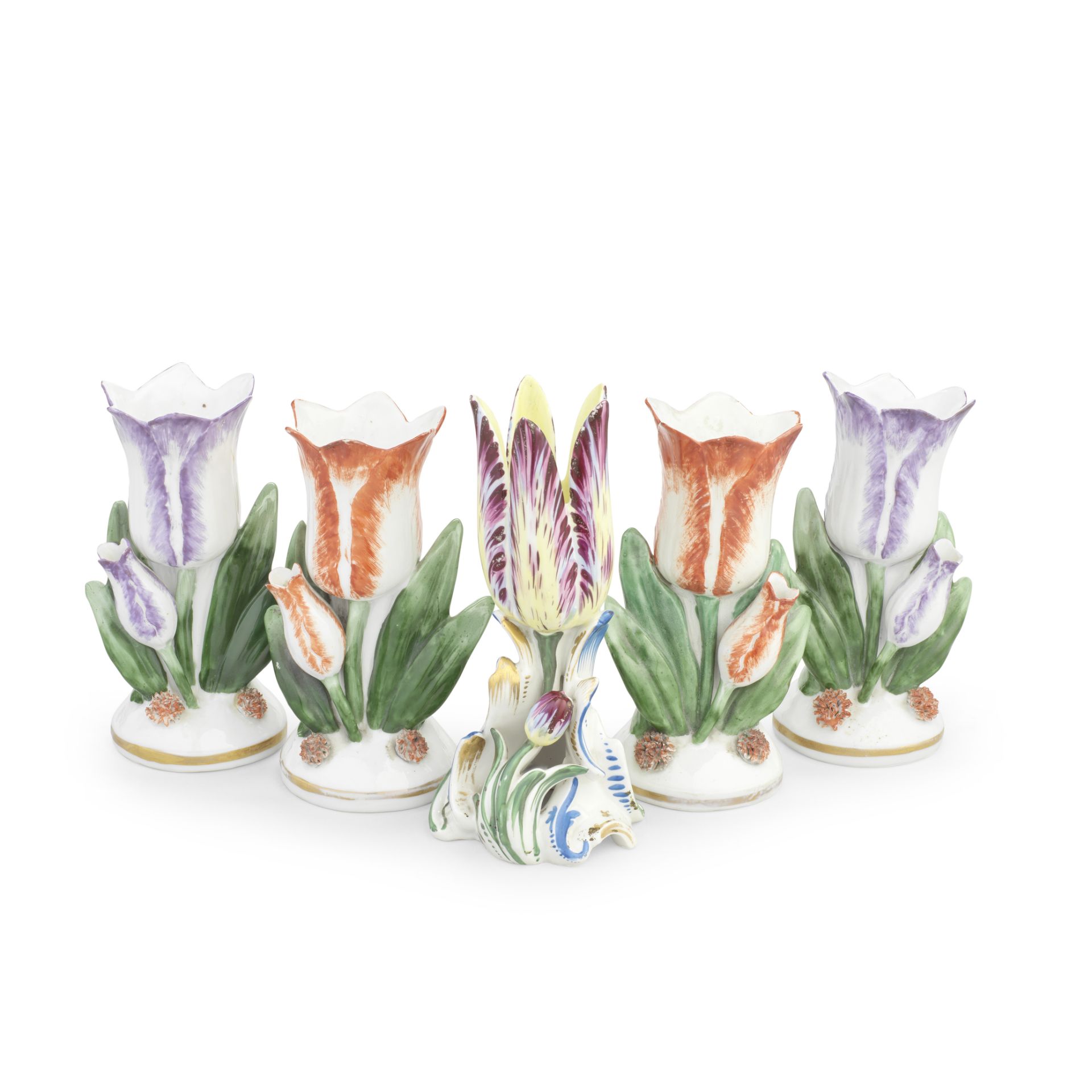 Five Continental porcelain tulip vases in Staffordshire style, early 20th century