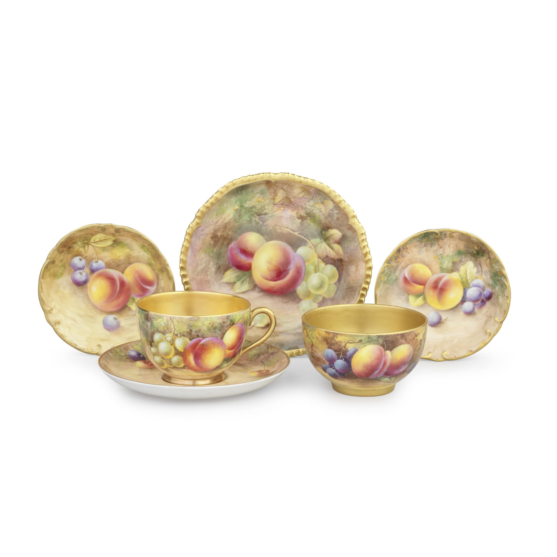 Six pieces of Royal Worcester 'Painted Fruit' porcelain, dated 1925-57 and circa 1970