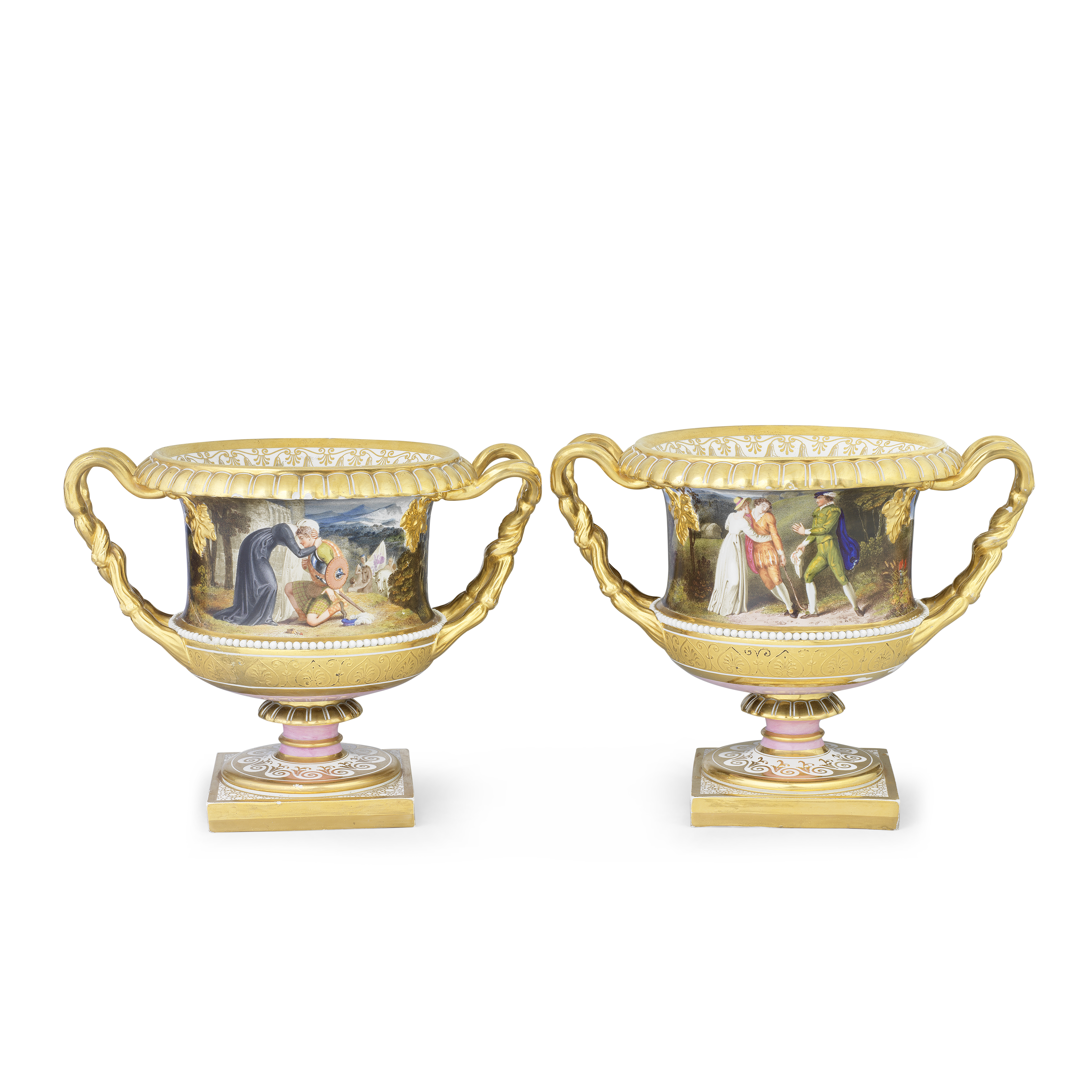 A magnificent pair of Flight, Barr and Barr Worcester Warwick vases by Thomas Baxter, circa 1814-16