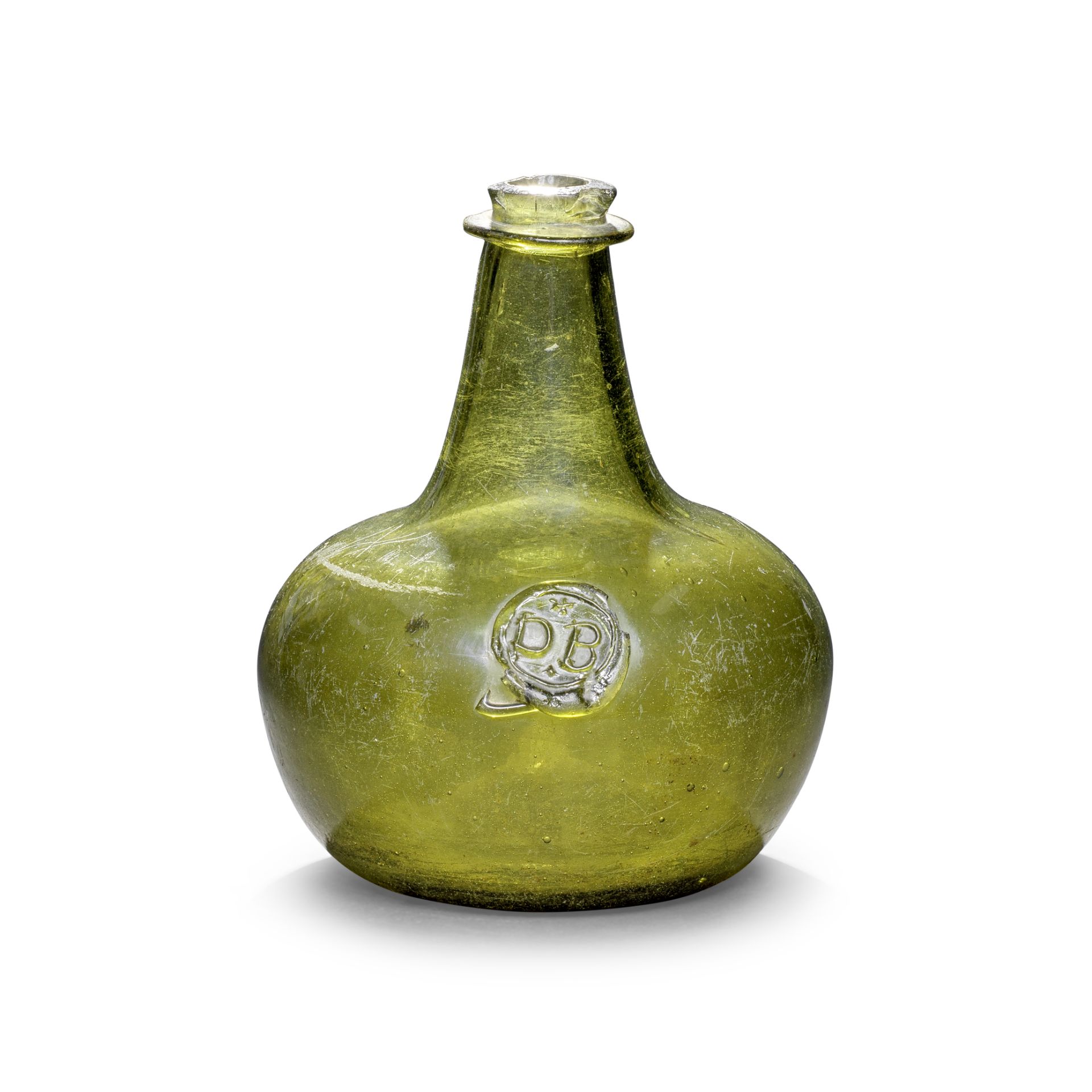 A very rare sealed 'Shaft and Globe / Onion' transitional wine bottle, circa 1675-85