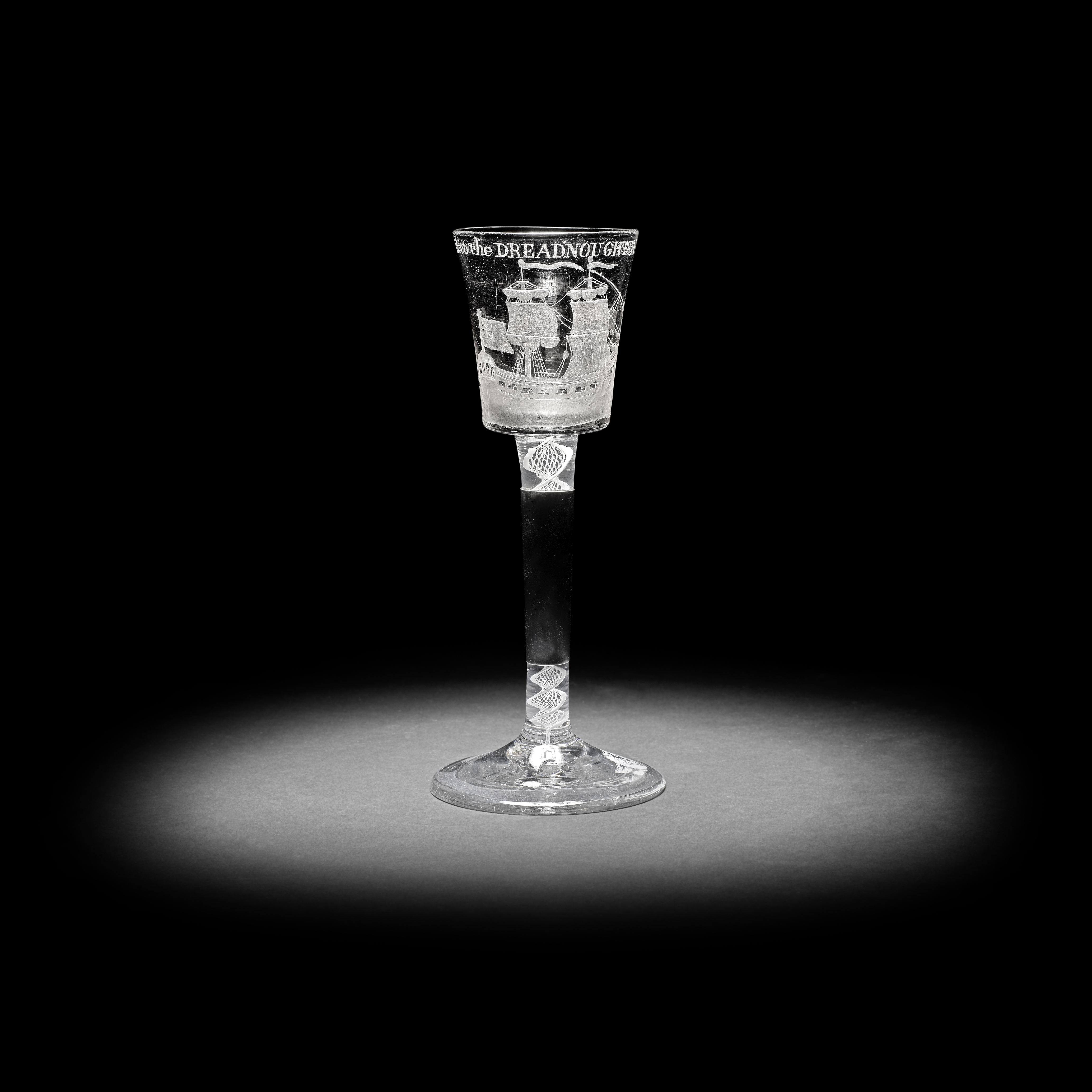 The Dreadnought: a rare engraved Privateer wine glass, circa 1757-58