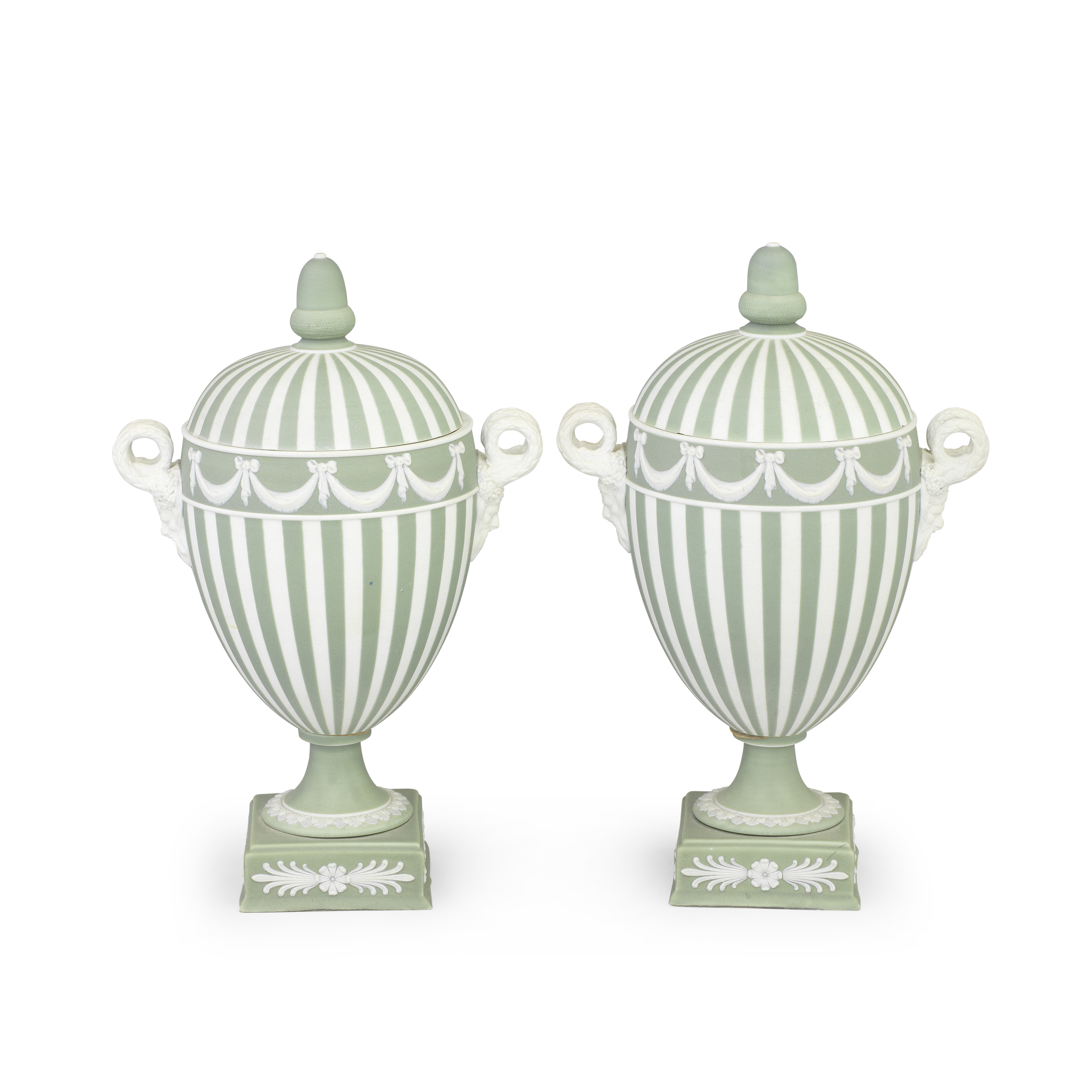 A pair of Wedgwood green jasper vases and covers, late 19th century