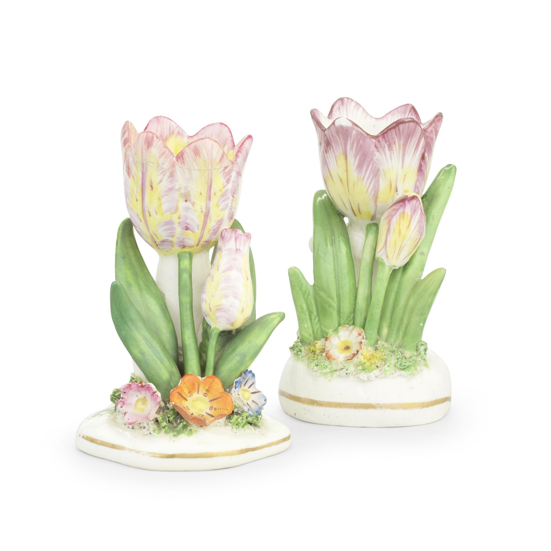 Two similar small Staffordshire porcelain tulip vases, circa 1840