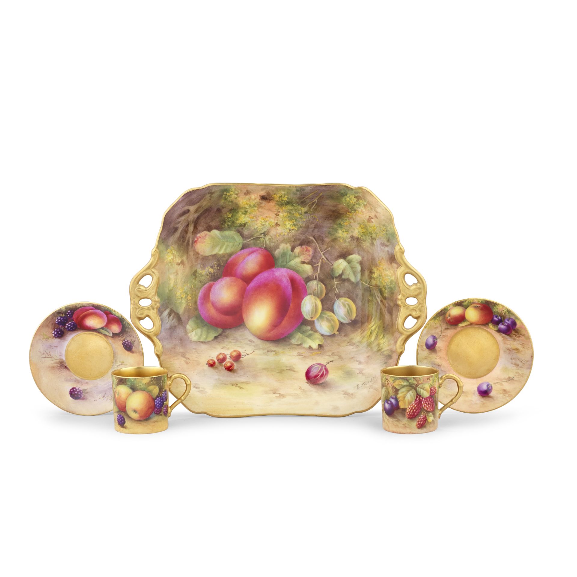 A Royal Worcester 'Painted Fruit' dish by Edward Townsend and a pair of coffee cans and saucers,...