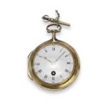 J. Chave, Taunton. An 18K gold keyless wind pair case pocket watch with enamel and seed pearl de...